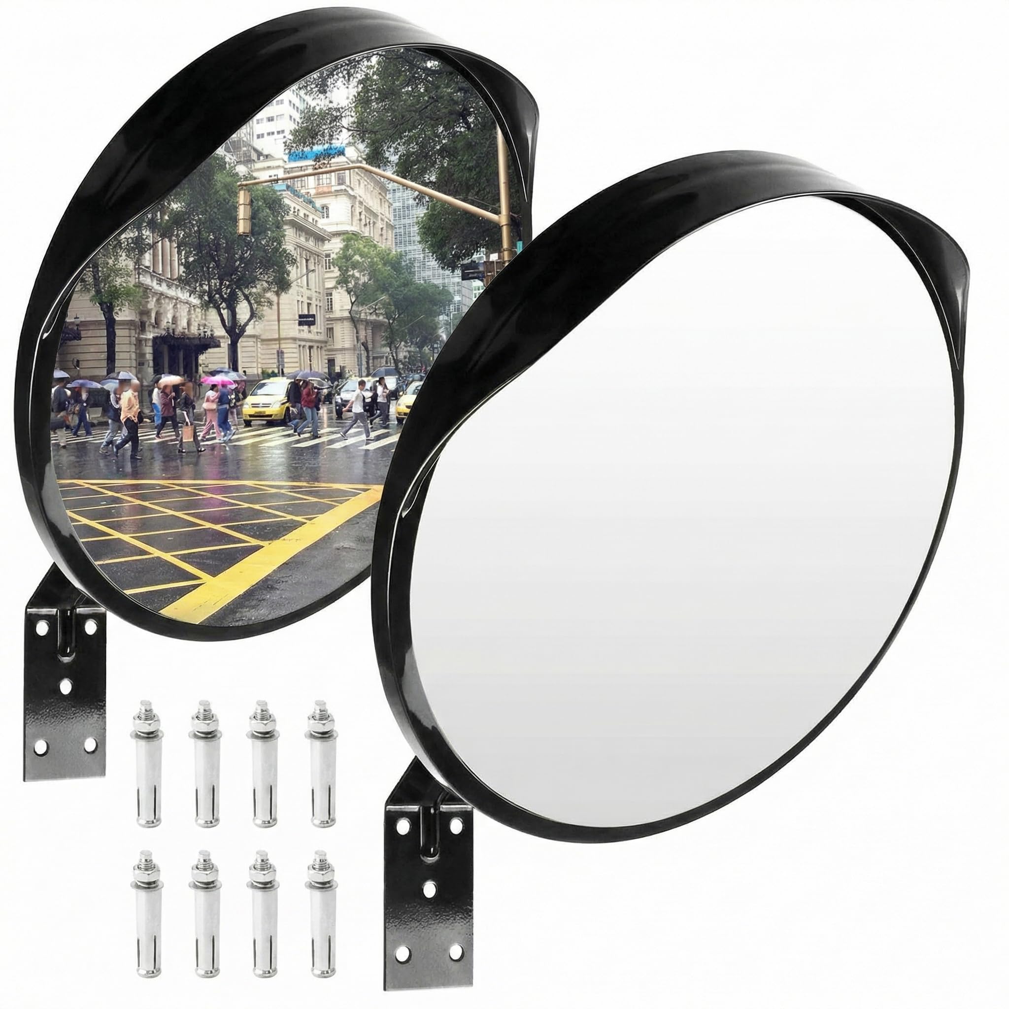 QWORK® zestaw 2 wypukłych luster, luster drogowych, lusterek bezpieczeństwa na podjazdy, magazyny, garaże i biura, Ø30cm krzywizna 130°, w zestawie wspornik i śruby