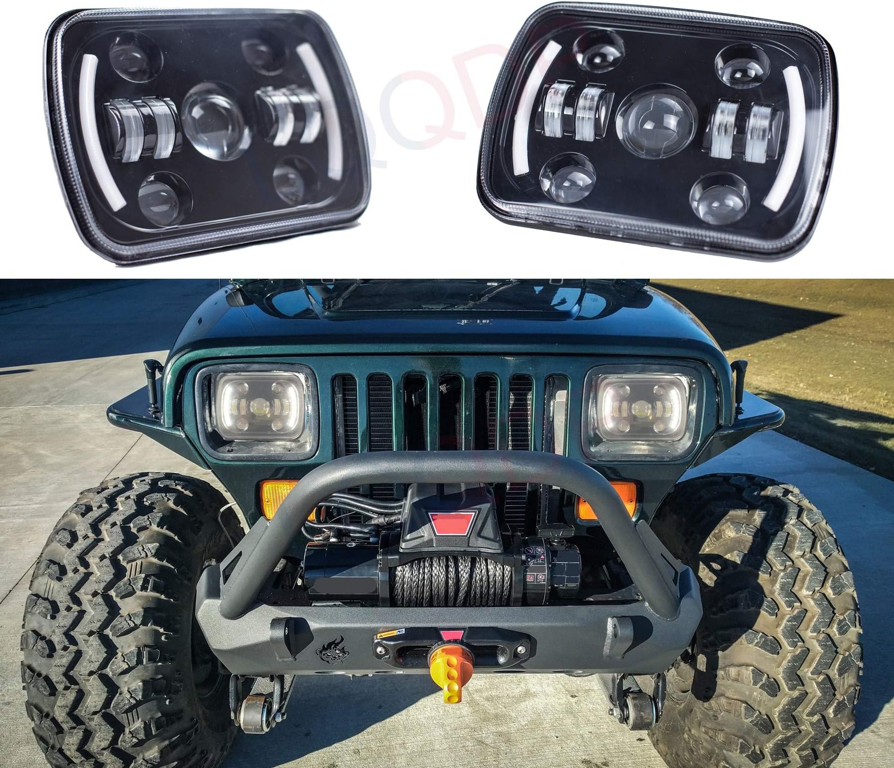 LQQDP2pcs 7x6 Inch Rectangular Sealed Beam Conversion Kit Halo Angel Eye Projector Headlights Assembly Amber Turn Signal White High/Low Beam DRL Daytime Running Lights+H4-H13 Adaptors+Canbus
