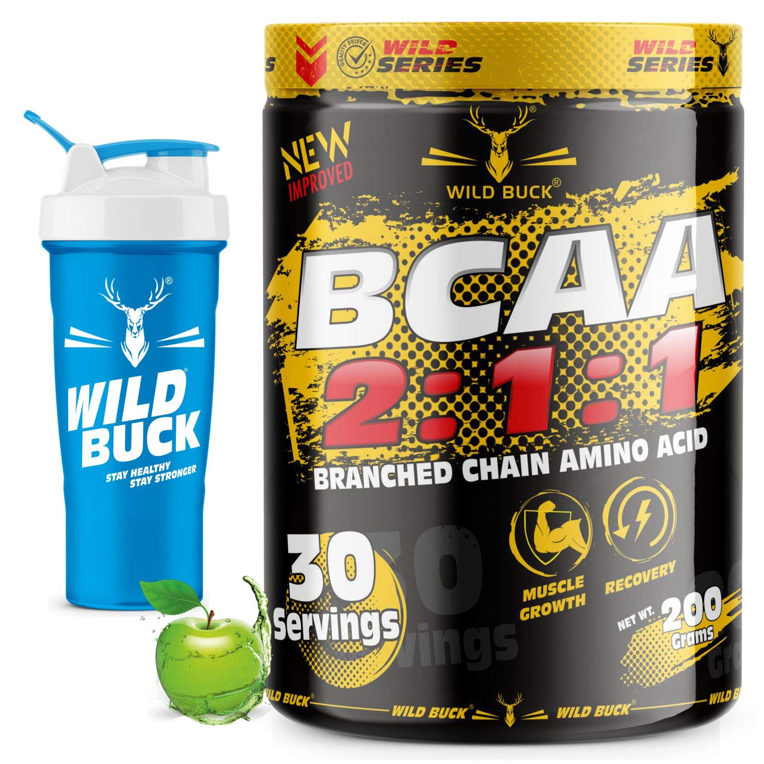BCAA Energy Drink for Workout | Pre/Post Workout Supplement | Muscle Recovery & Endurance | Muscle Protein Synthesis | 2:1:1 BCAA Supplement For Men & Women [30 Servings, Green Apple] Free Shaker