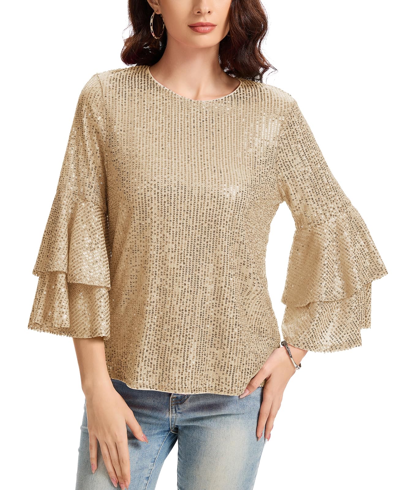 Haut à paillettes pour femme - Manches longues - Col rond - Pour les loisirs, les fêtes, les festivals