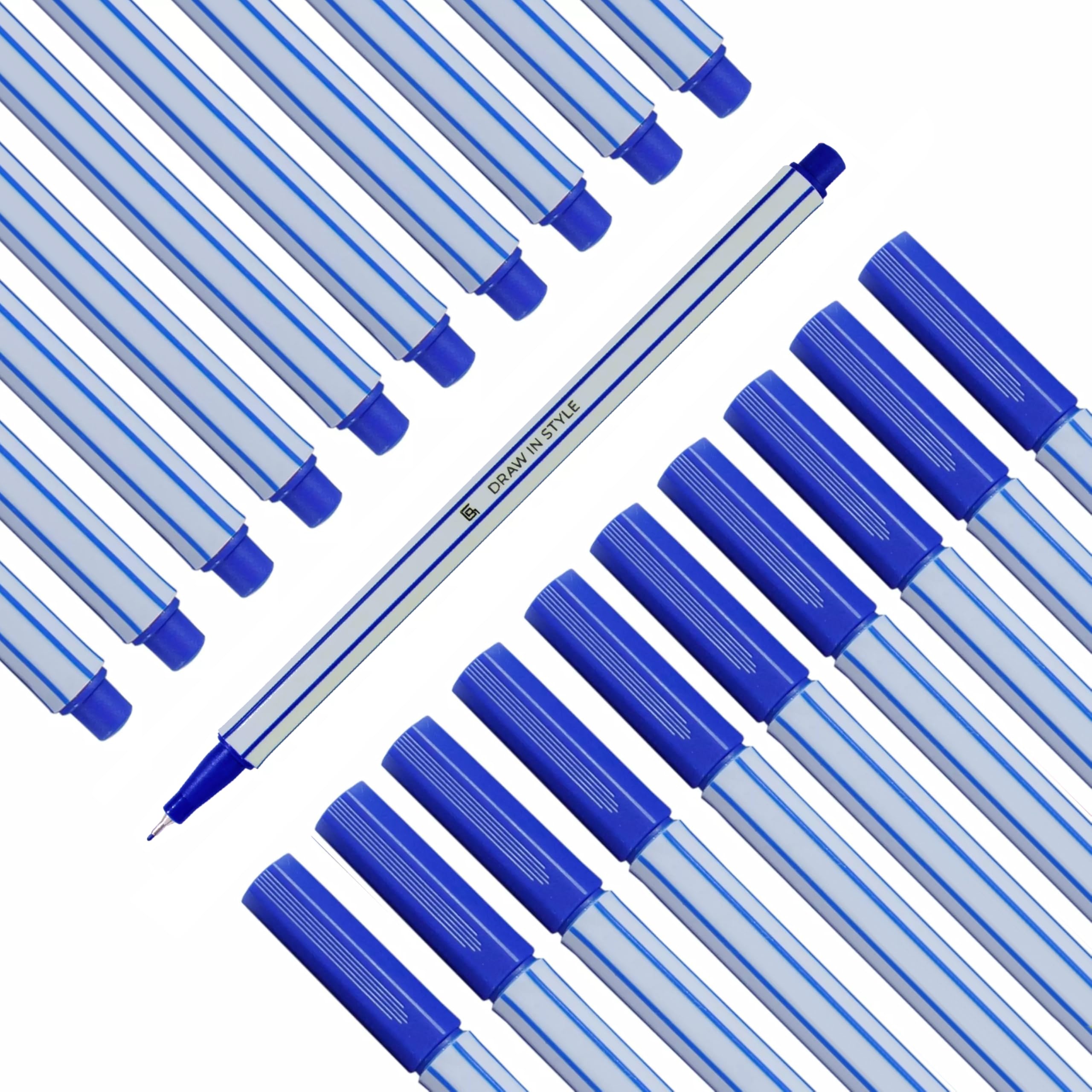 DRAW IN STYLE 10x blue Fineliners – fine 0.4 mm tip – metal-tipped fibre tip – felt pens for precise writing, drawing and painting – for the office, school, university and home