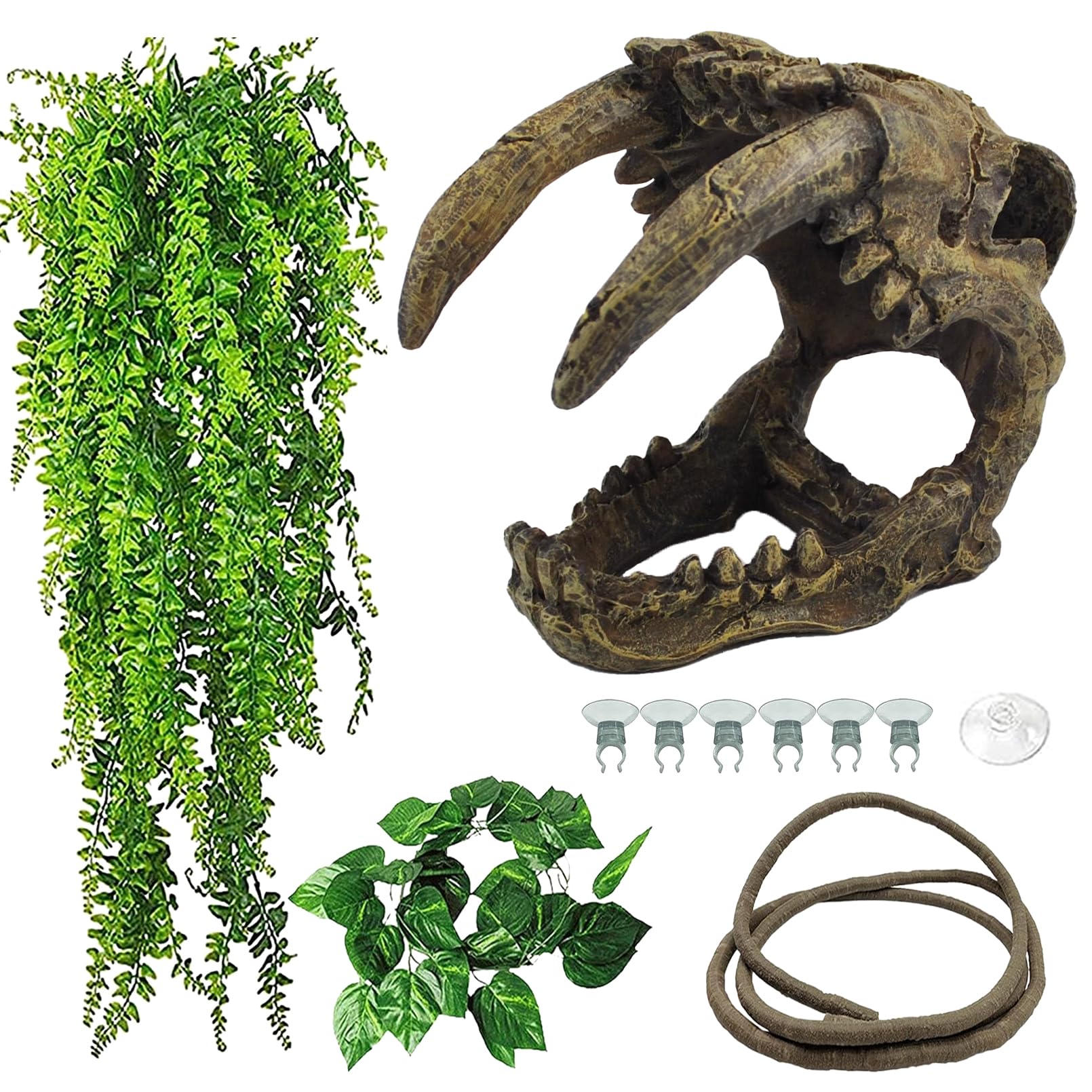 kathson Resin Sabertooth Tiger Skull Bearded Dragon Hideout Skull Reptile Jungle Climbing Vine Flexible Leaves Decor for Small Animals Leopard Gecko Lizard Chameleon Spider