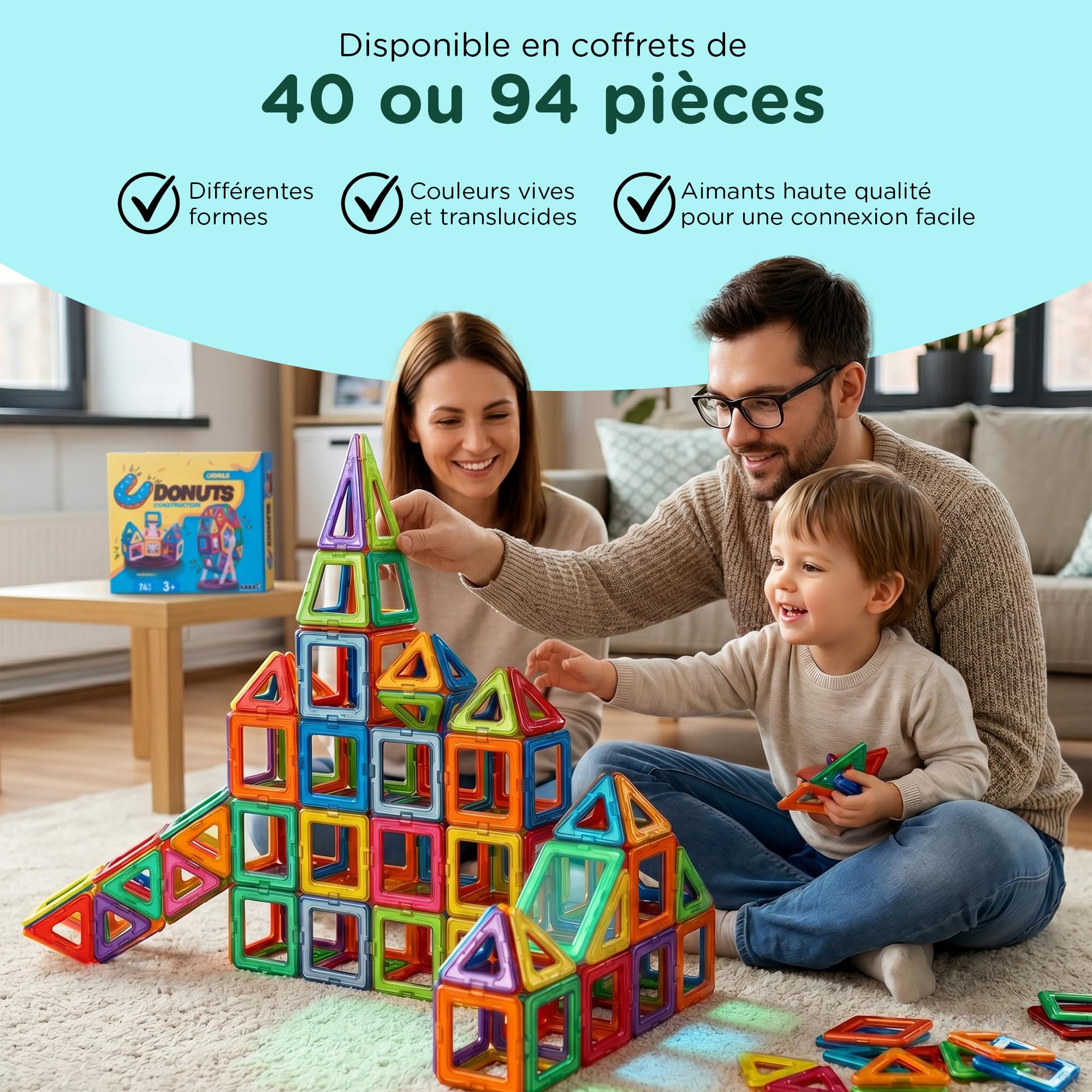 Jeu de Construction Magnétique Enfant 94 Pièces Tuiles Aimantées 3 Ans | 94 pieces, blocs et tuiles magnétiques, jouet éducatif STEM, inspiré Montessori, cadeau garçon fille, idéal voyage