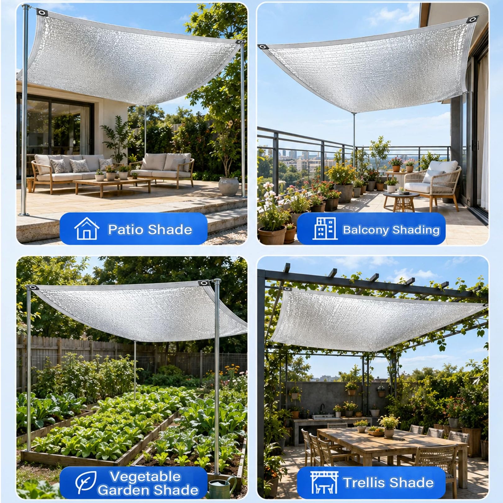 Tela reflectante de aluminio e UV de 5 x 5 m, transpirable, con ojales, para balcón, terraza, puerto, invernadero