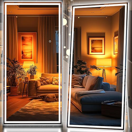 Hasipu Full Length Mirror with Lights, 95" x 40" LED Lighted Floor Standing Mirror, Full Body Dressing Hanging Mounted Mirrors, Dimmable, Tempered Glass, Safe to Use, Square White - White - 95"L x 40"W