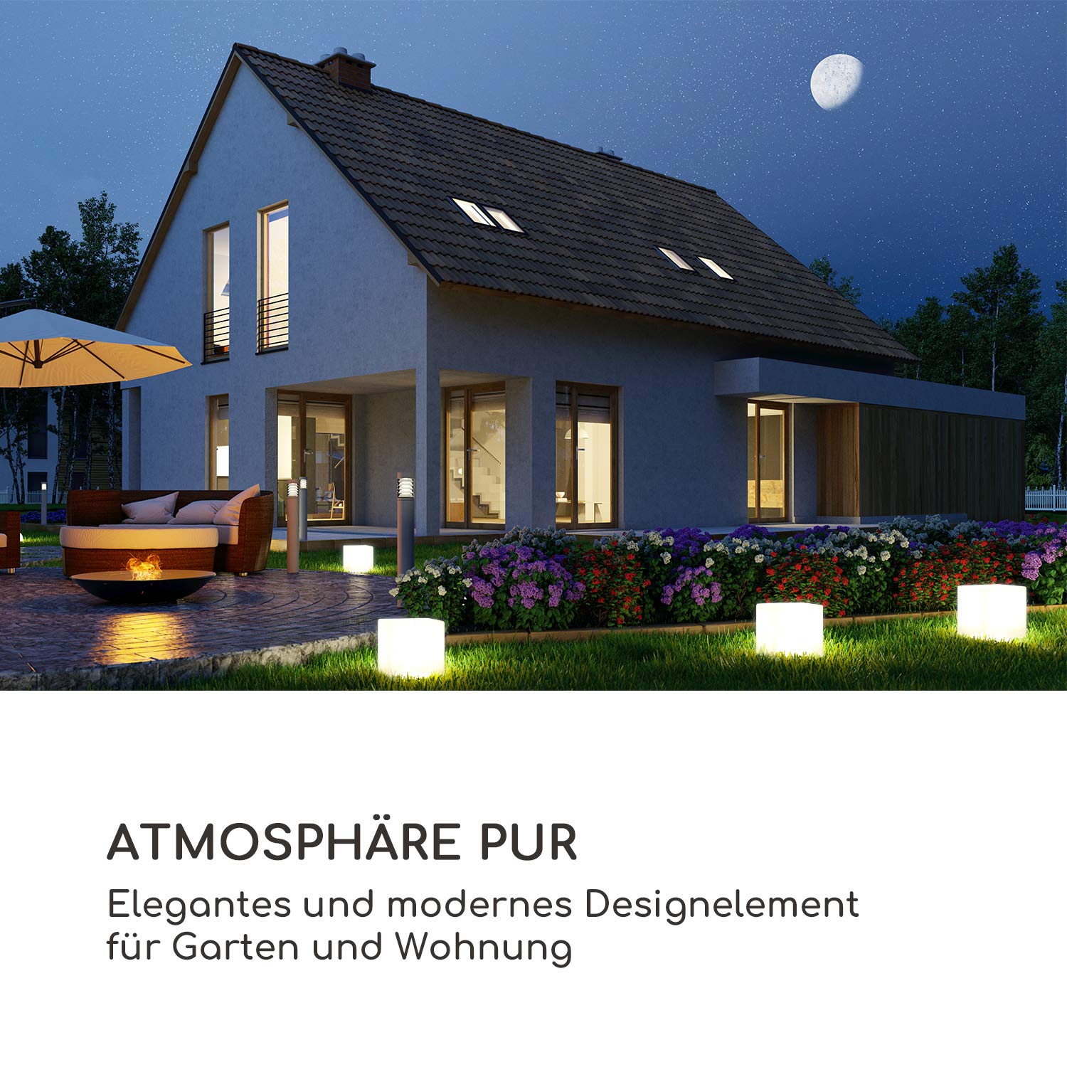 Blumfeldt Shinecube XL Gartenlampe mit LED-Beleuchtung in 16 Farben, Größe: 40 x 40 x 40 cm, Licht-Modi: Strobe, Flash, Fade, Smooth, wasserdicht, Fernbedienung, Akku, In-/ Outdoor, Material: PE, weiß