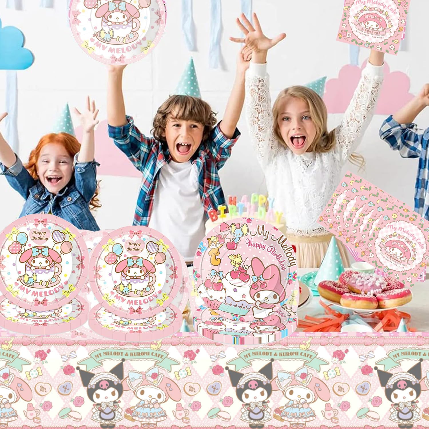Meledy Birthday Party Supplies, Kawaii Cartoon Party Tableware with Happy Birthday Banner, Tablecloth, Disposable Paper Plates with Napkins for Fans Kids Party Decorations Serves 20 Guests - Image 5