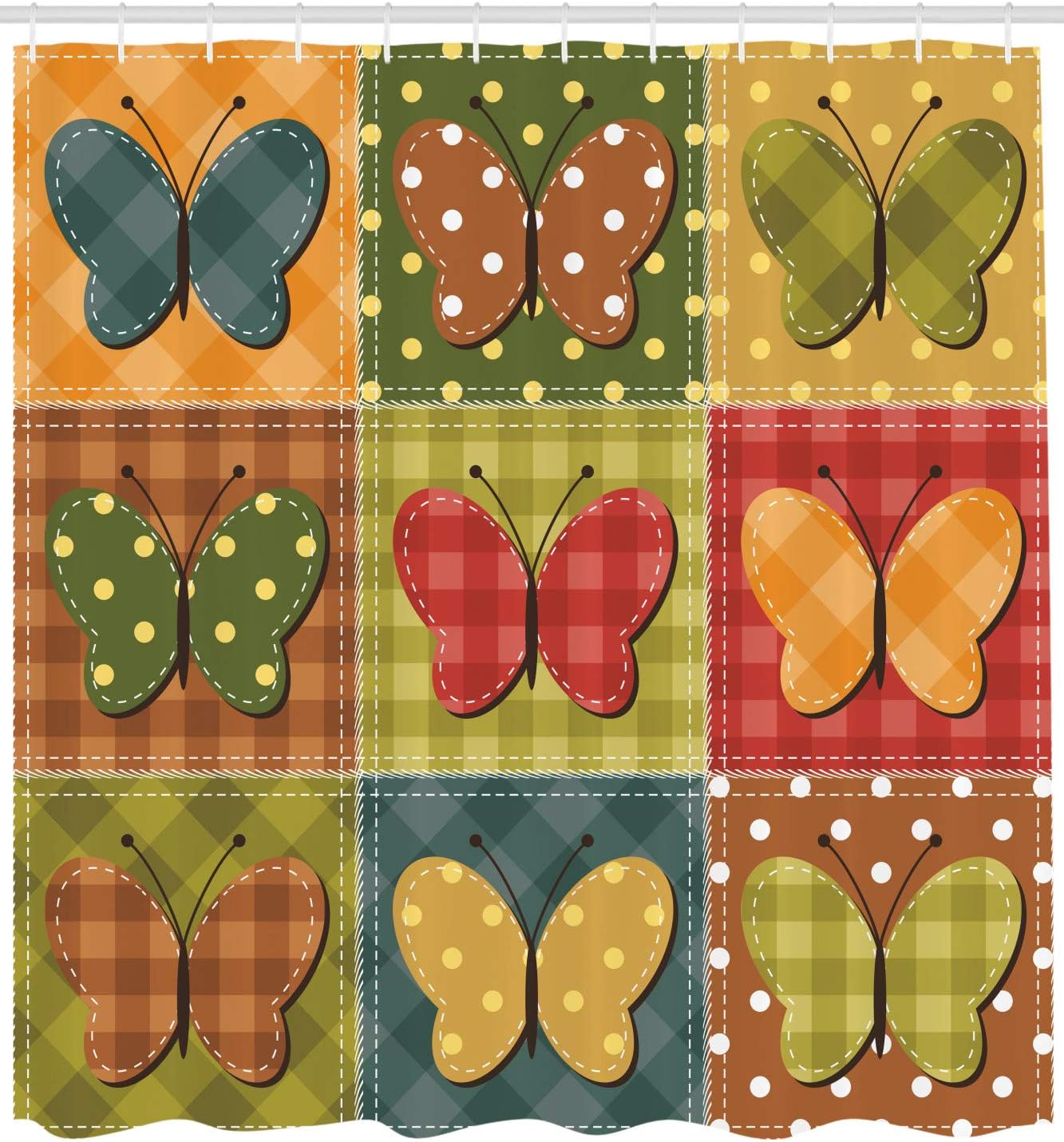 Ambesonne Cabin Shower Curtain, Dotted Checkered Patchwork Image with Butterflies Sewing Themed Retro Style, Cloth Fabric Bathroom Decor Set with Hooks, 69" W x 70" L, Multicolor