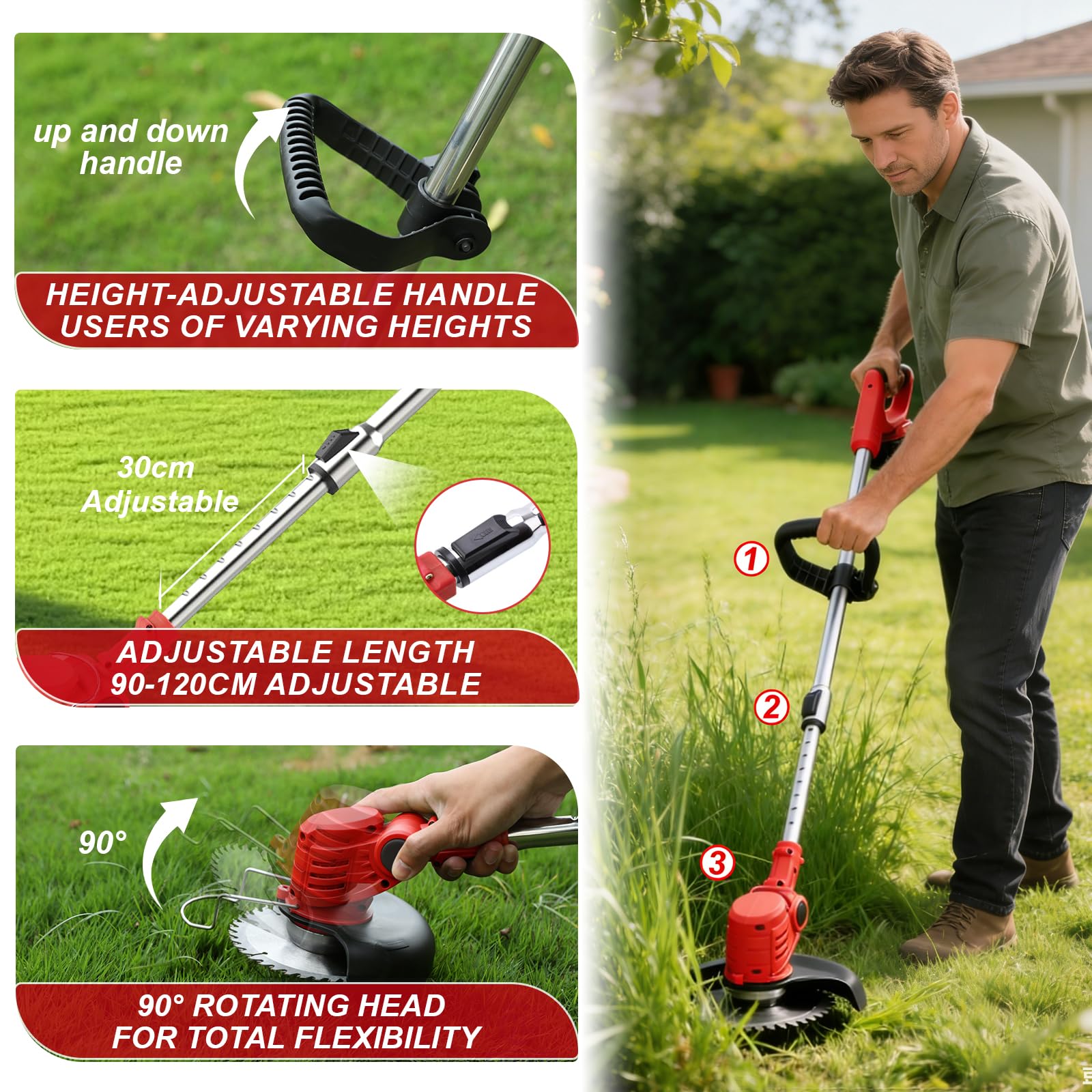 Cordless Strimmer Grass Trimmer with 2*Battery and Charger, Lightweight Strimmer Cordless, Battery Strimmer 21V MAX, Garden Strimmer Adjustable Head and Telescopic shaft for Lawn, Edges, Weeds — view 6