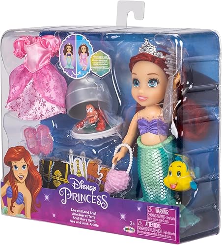 Miniatura 9 de Disney Princess Muñeca Ariel Sea to Land Petite Ariel con Sebastian & Flounder, en cola de sirena y moda de vestido rosa