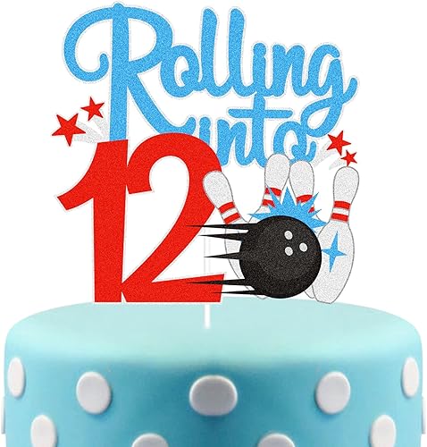 Bowling Rolling Into 12 Happy 12th Birthaday - Decoración de pastel de bola de boliche de 12 cumpleaños con purpurina - Decoración de pastel de