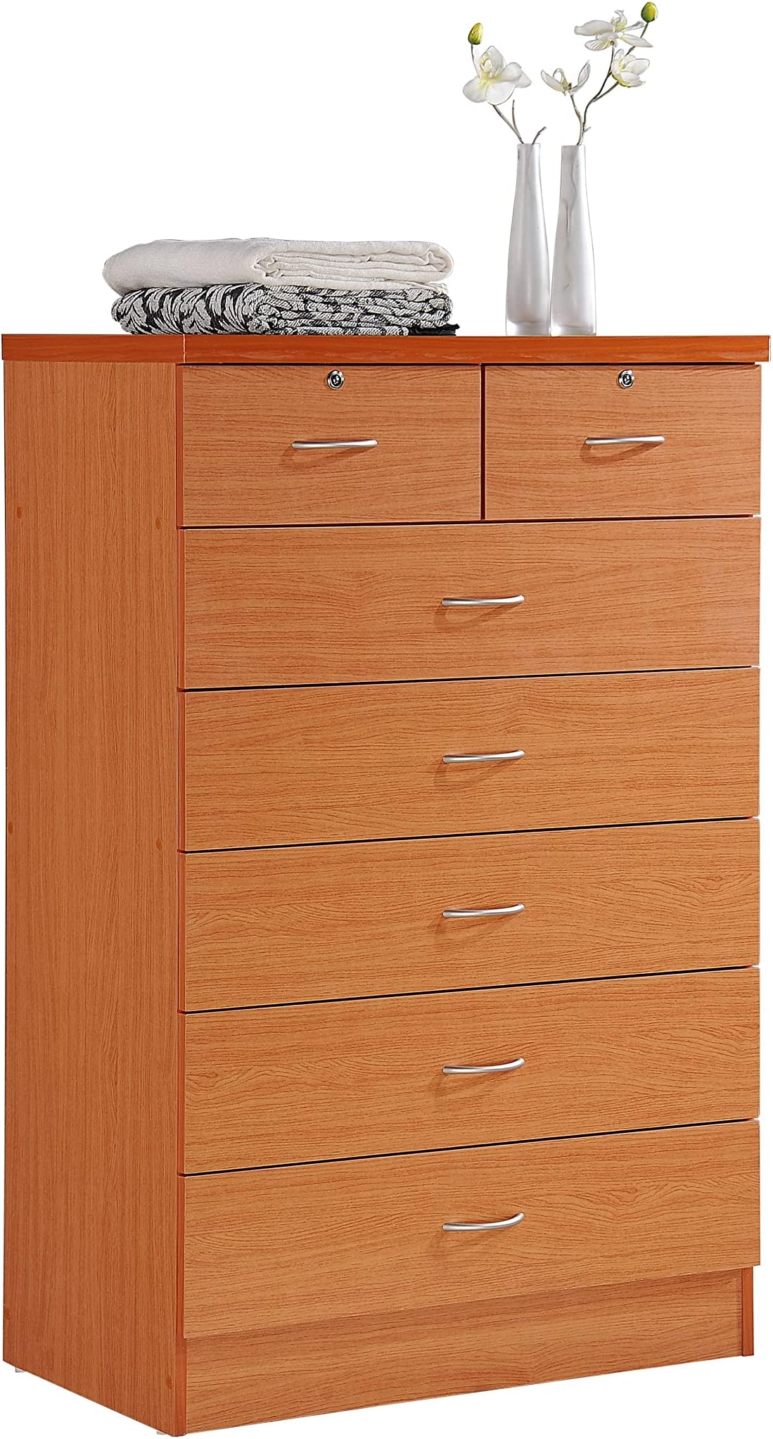 HODEDAH 7 Drawer Wood Dresser for Bedroom, 31.5 inch Wide Chest of Drawers, with 2 Locks on the Top Drawers, Storage Organization Unit for Clothing, Cherry