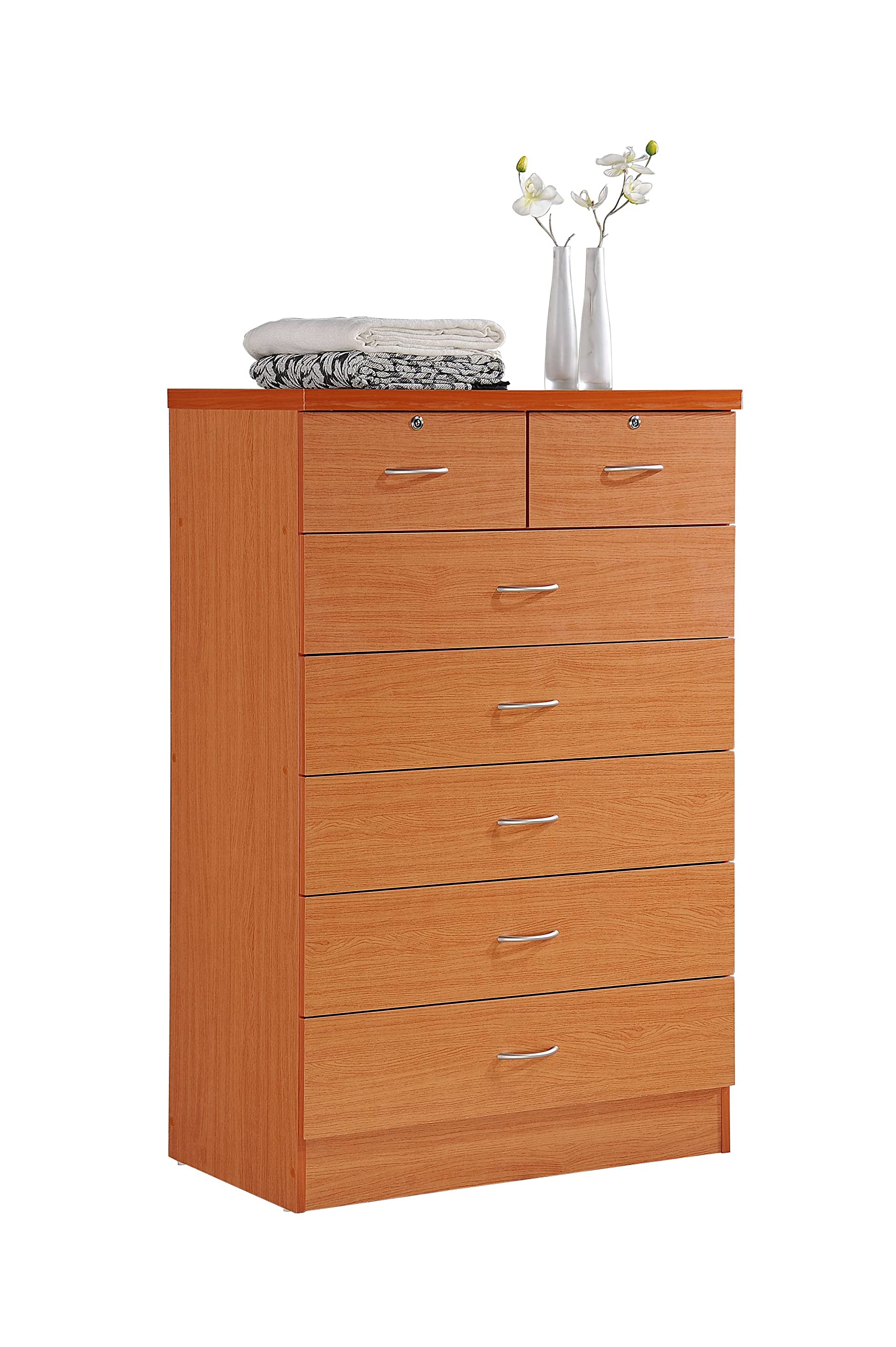 HODEDAH 7 Drawer Wood Dresser for Bedroom, 31.5 inch Wide Chest of Drawers, with 2 Locks on the Top Drawers, Storage Organization Unit for Clothing, Cherry