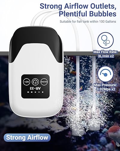 Miniatura 3 de Bomba de aire para acuario, bomba de oxígeno portátil recargable con salidas simplesdobles, aireador silencioso para peceras de hasta 3070 galones,