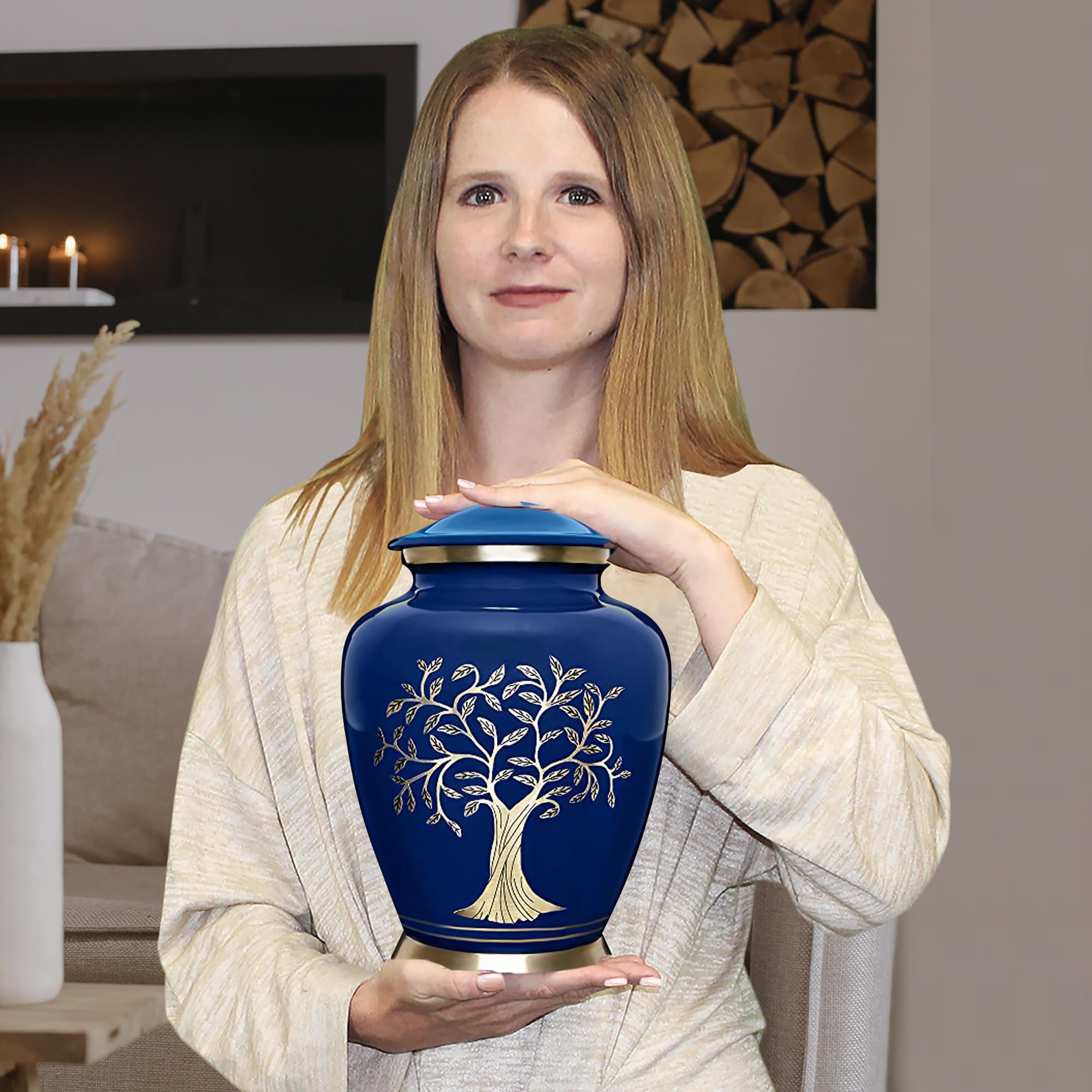 Trupoint Memorials Urne für Erwachsene – Handgefertigte Aluminium-Urne für Asche Erwachsene Männer und Frauen – Baum des Lebens, Blau, bis zu 90 kg