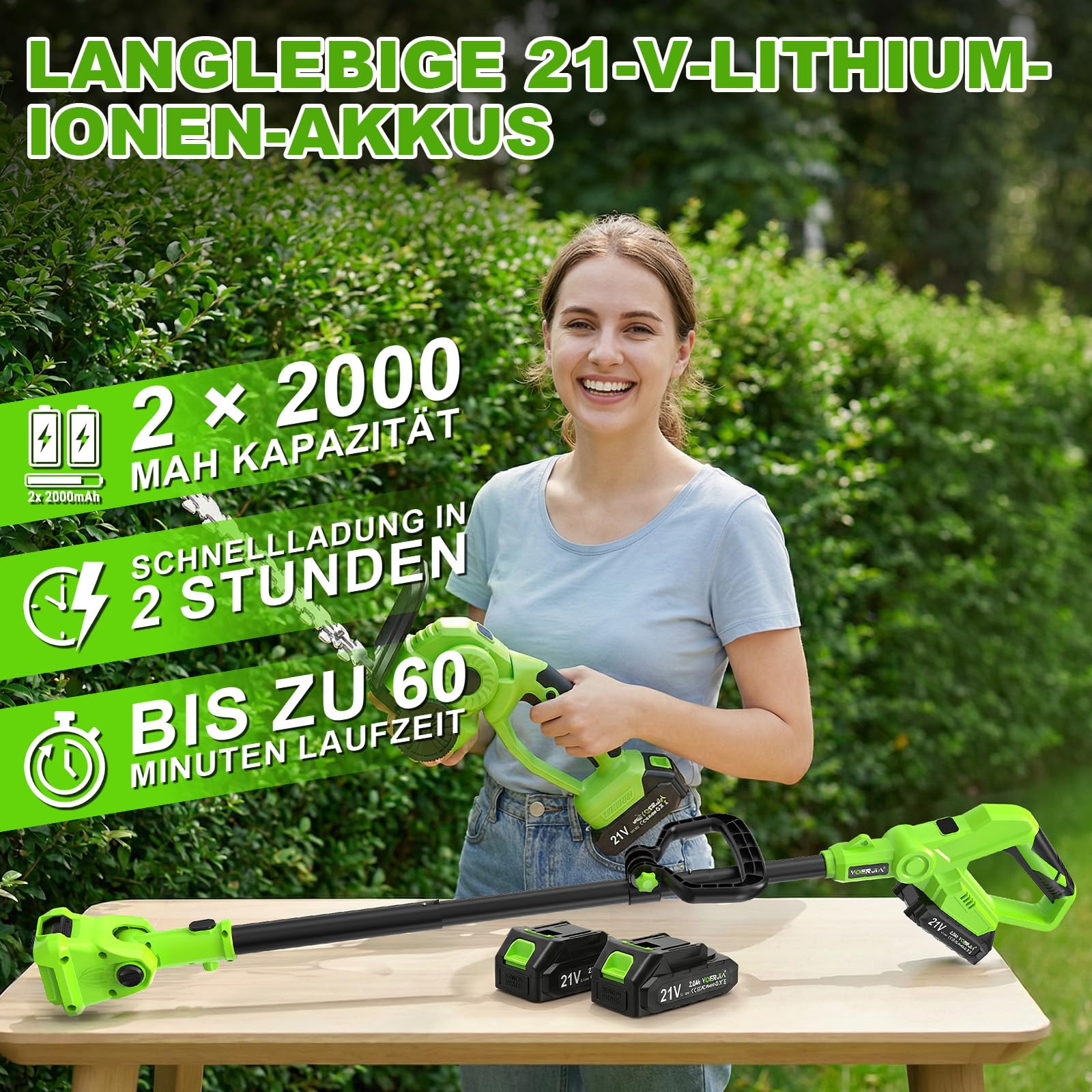 VOERJIA 4-in-1 Akku Grasschere & Strauchschere mit 115cm Verlängerungsstange (165cm Reichweite), 21V Gartenschere mit Rollen, 650W, 180° verstellbar, 2 Akkus – für Rasenkanten, Hecken & Formschnitt