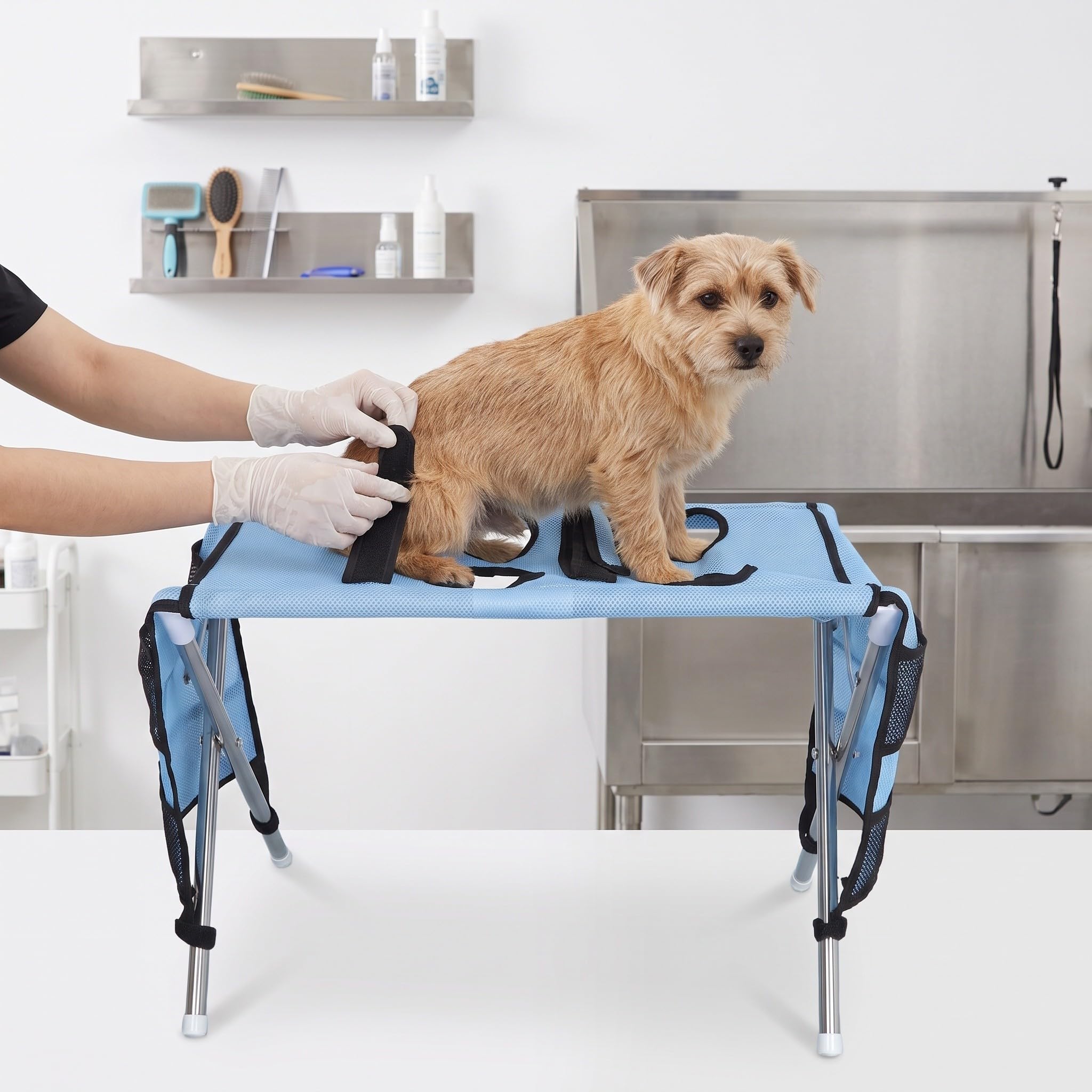 Hundepflege Hängematte mit Edelstahlgestell, faltbar, für Katzen und kleine Hunde, für Nagelschneiden, Baden und Tierarztbesuche, Stabiler Klapptisch, kompakt
