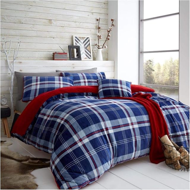 GC GAVENO CAVAILIA Teddy Fleece Check Duvet Set Double Bed, Soft & Fluffy Thermal Quilt Checked Bedding, Navy/Red
