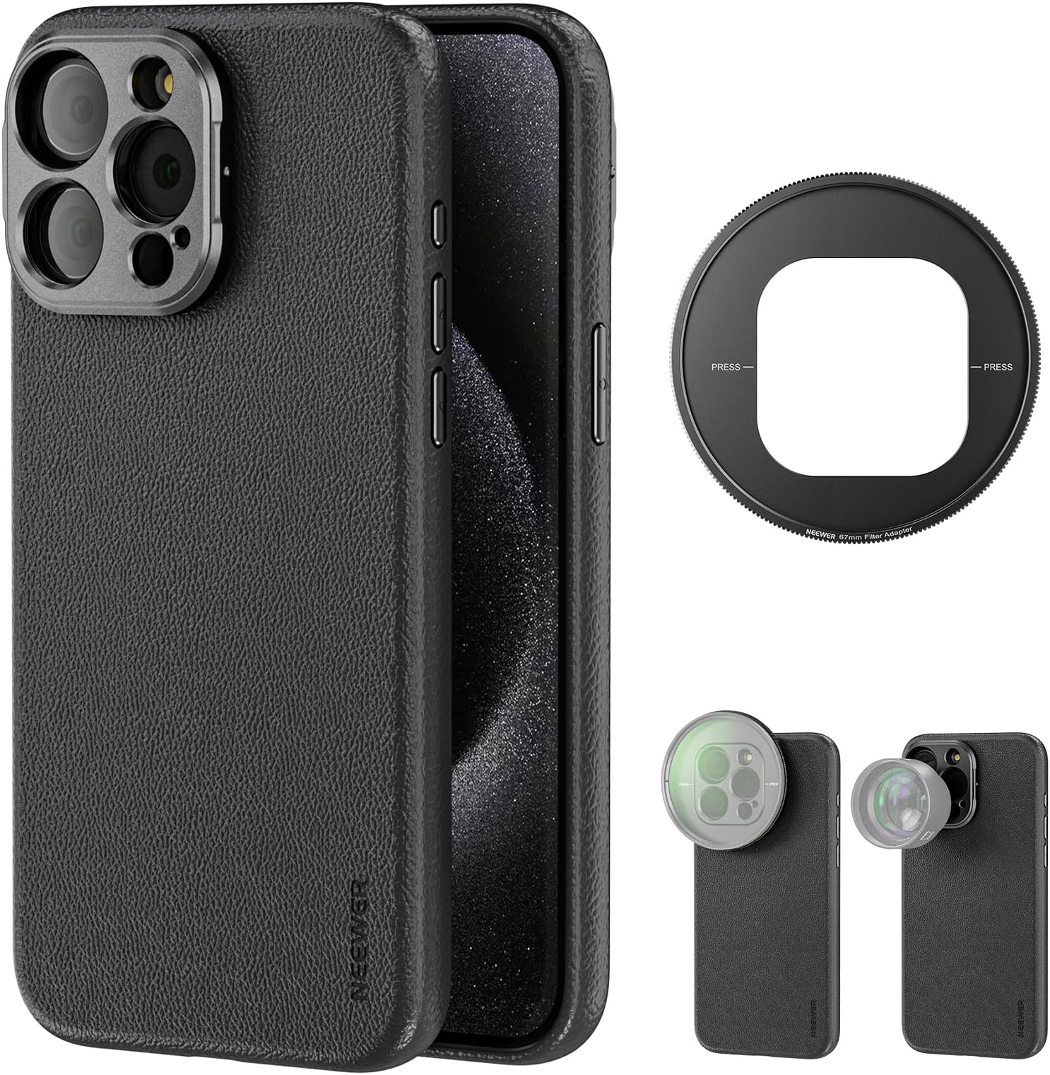NEEWER Phone Case Compatible with iPhone 15 Pro Max, TPU + PC Protective Heavy Duty Case with 17mm Lens Backplate, 67mm Filter Adapter, Nonslip Faux Leather, Compatible with MagSafe, PA054 Black