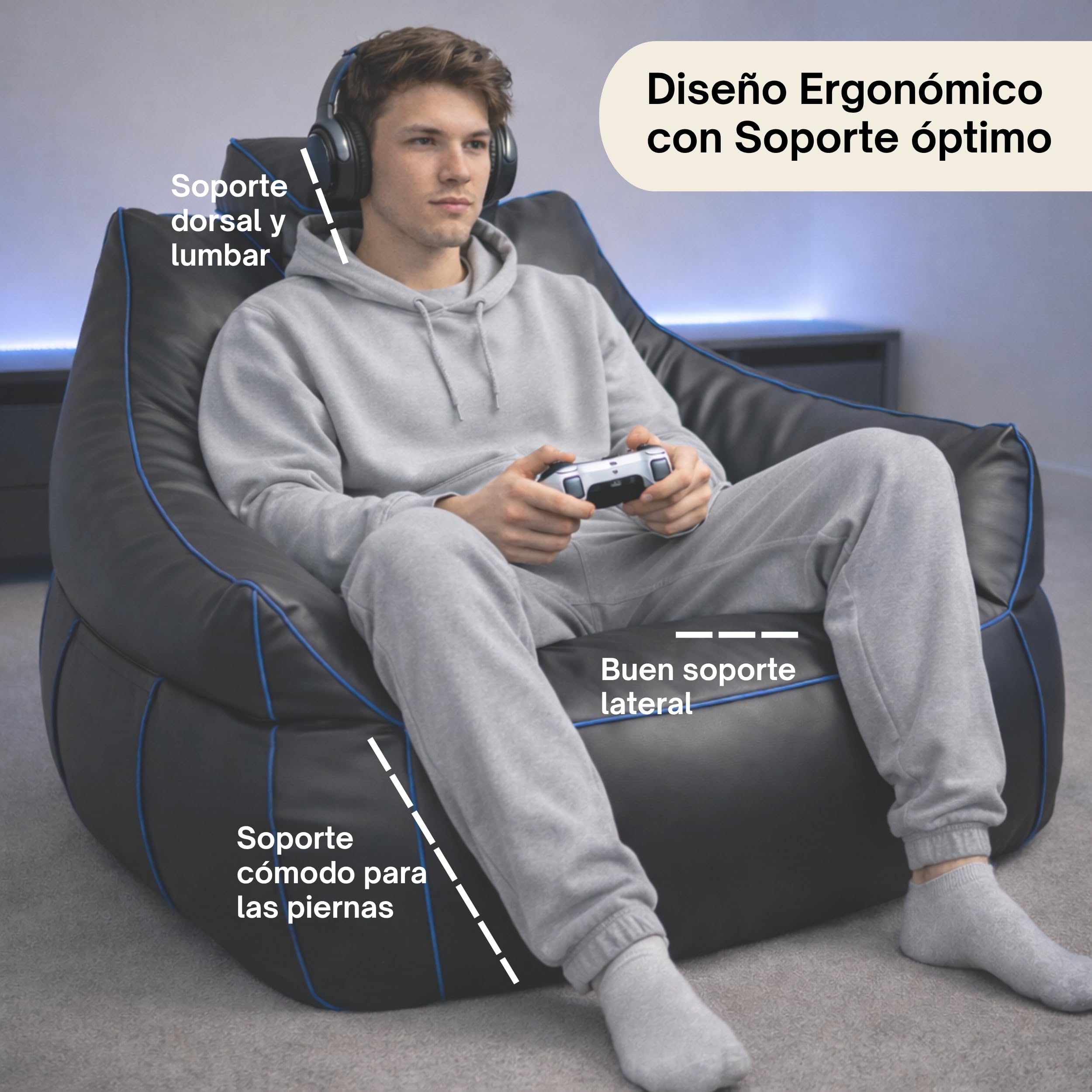 bananair - Puff Gamer XXL - Confort Estable - Relleno de Espuma - Reposacabezas Ajustable y 2 Bolsillos - Apto para Adolescentes y Adultos para Juegos, TV y Relajación (110×100×90 cm, Azul)