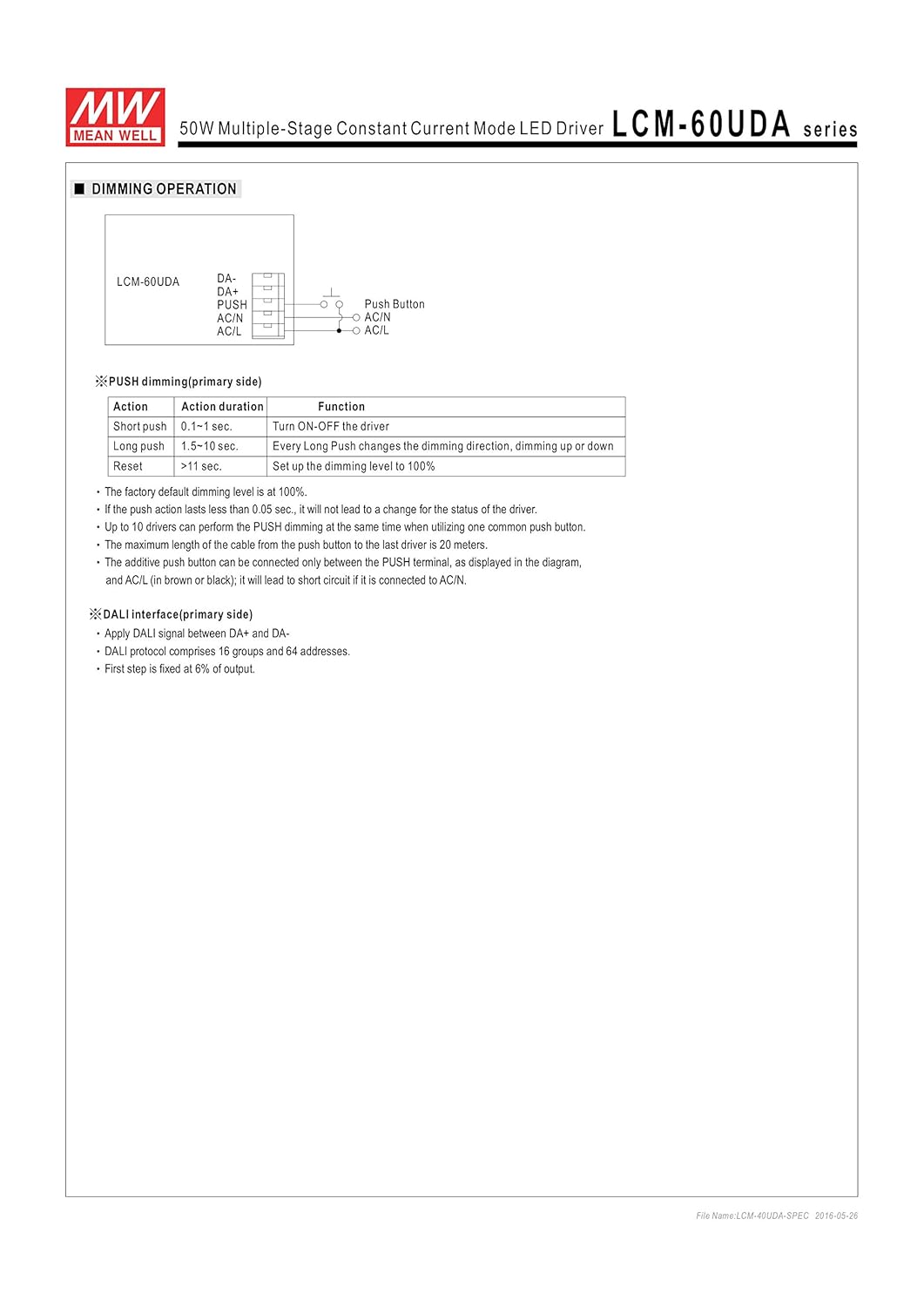 MW Mean Well LCM-60UDA 2V-90V 500mA-1400mA 50.4W Multiple-Stage Constant Current Mode LED Driver