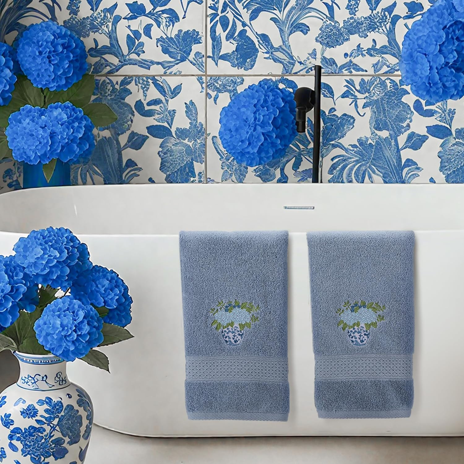 Frienda 2 Pcs Chinoiserie Vase Hydrangea Hand Towels Slate Blue Bathroom Decor 29.5x13.8 Inches Embroidered 100% Cotton Soft Absorbent Spring Summer Decorative Hand Towels for Bathroom Kitchen - Image 6