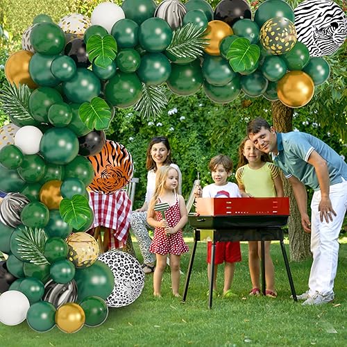 Miniatura 5 de Amandir Kit de arco de guirnalda de globos de safari en la selva, globos de animales verdes dorados y verdes artificiales, hojas de palma,
