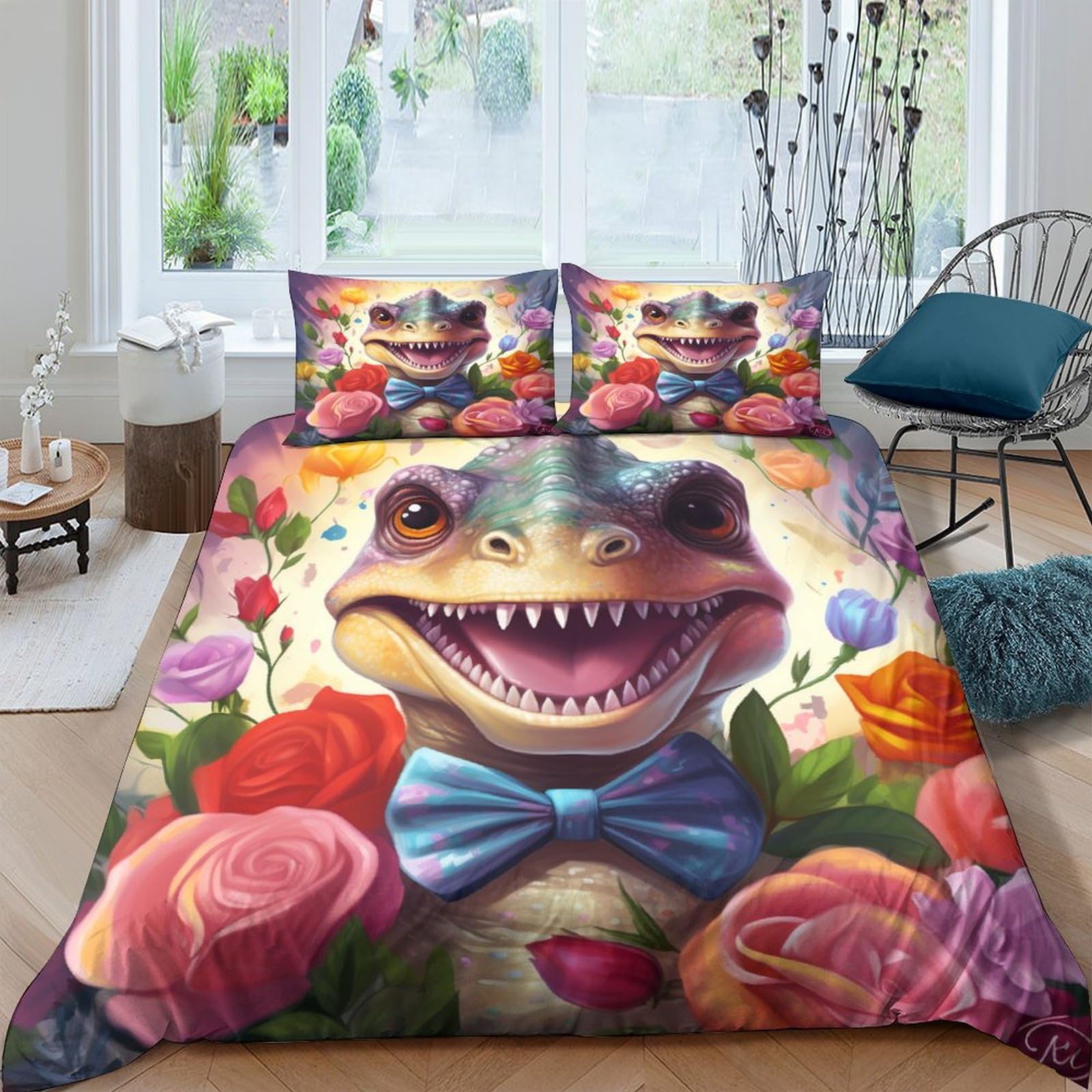 Housse de couette dinosaure 3 pièces avec 2 taies d'oreiller pour lit enfant et ado