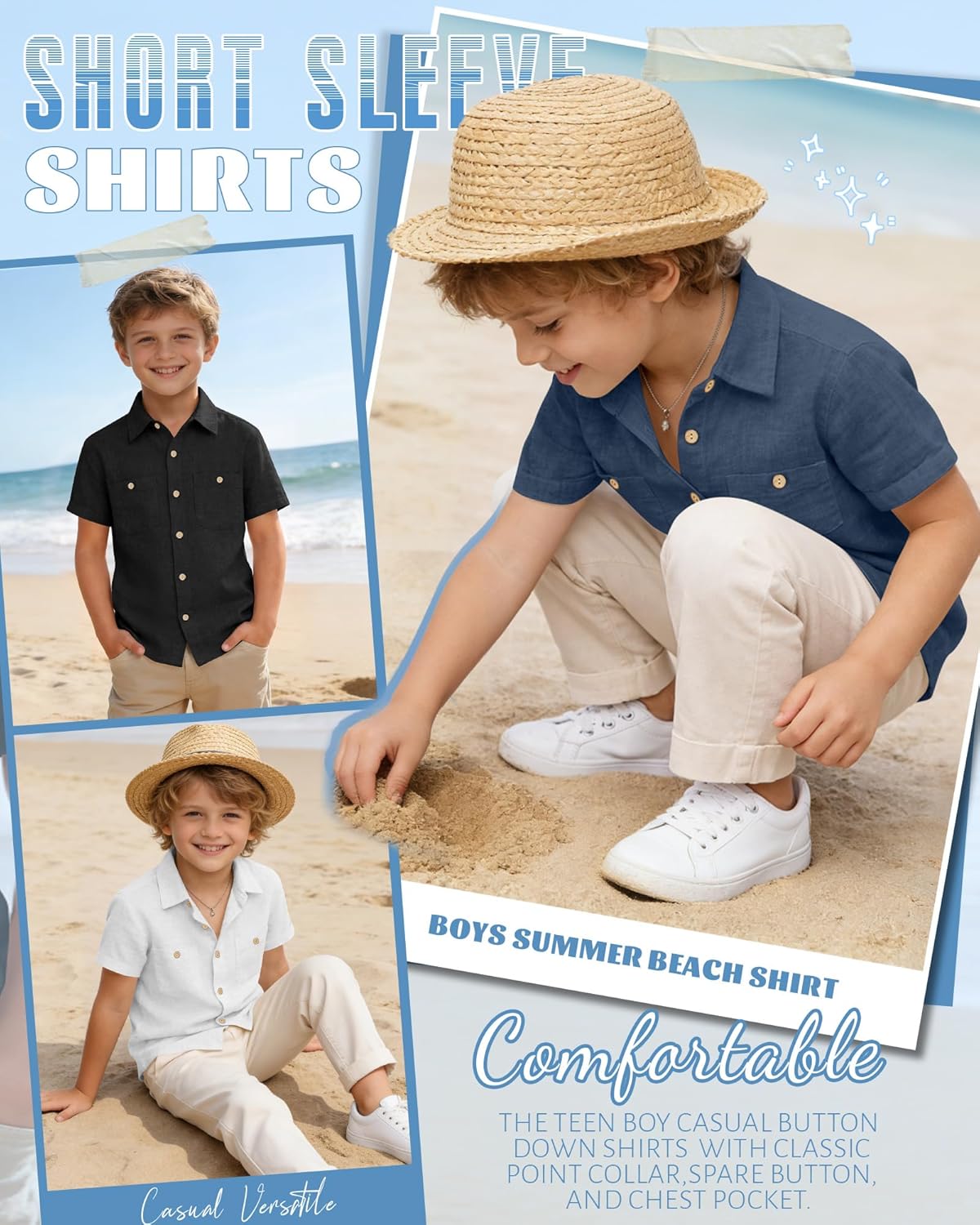 3 Pack Boys' Button Down Shirts Linen Short Sleeve Dress Shirts Kids Summer Casual School Uniform with Two Pockets