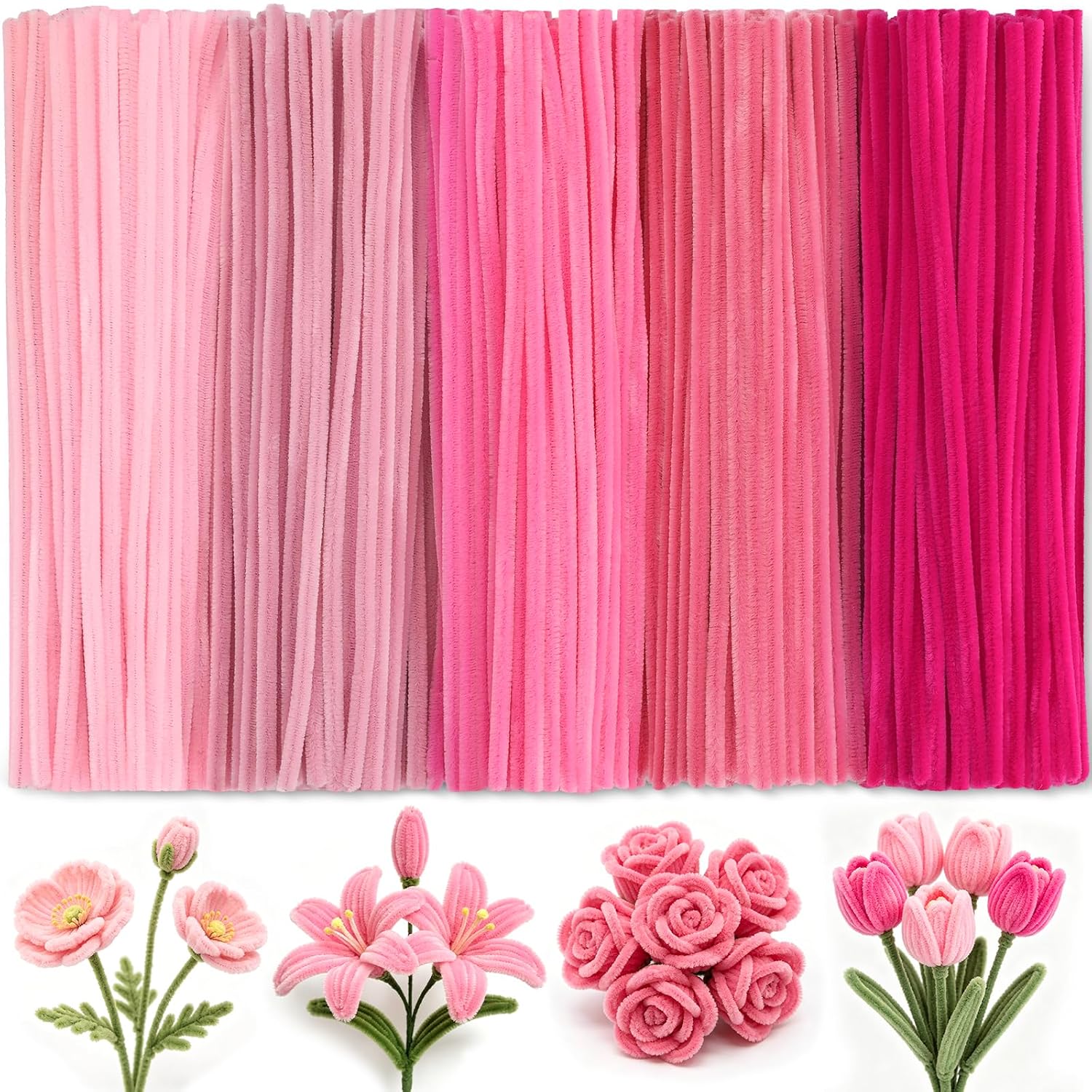 500 PCS Pipe Cleaners, Pink Pipe Cleaners for Crafts Flowers, Thickened and Denser Pipe Cleaners Bulk 12 inch Long for Adults Craft Supplies(Pink Gradient)