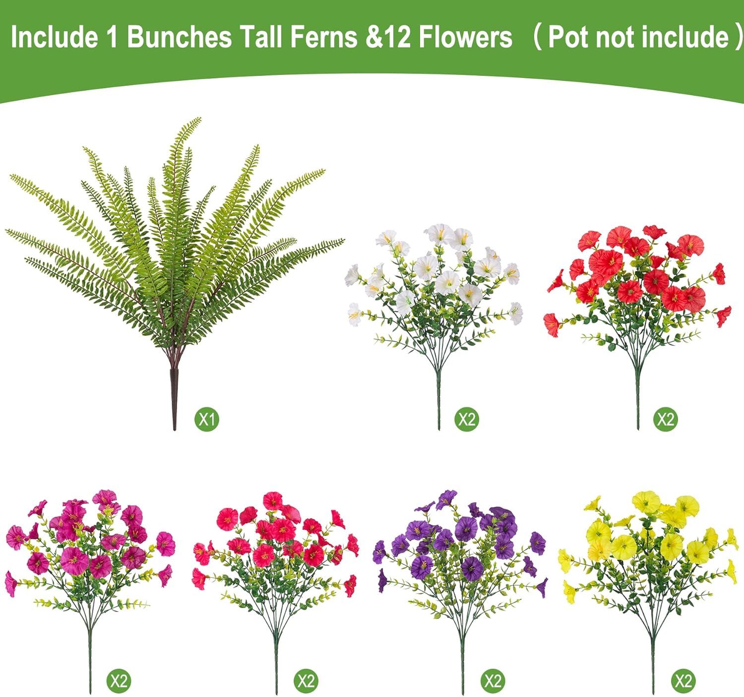 Hrobek Artificial Flowers for Outdoors Faux Plants Outside Indoor,UV Resistant Silk Fake Morning Glory Tall Ferns for Home Patio Garden Yard Front Porch Decor (13 Bunches,7 Multi Colors)