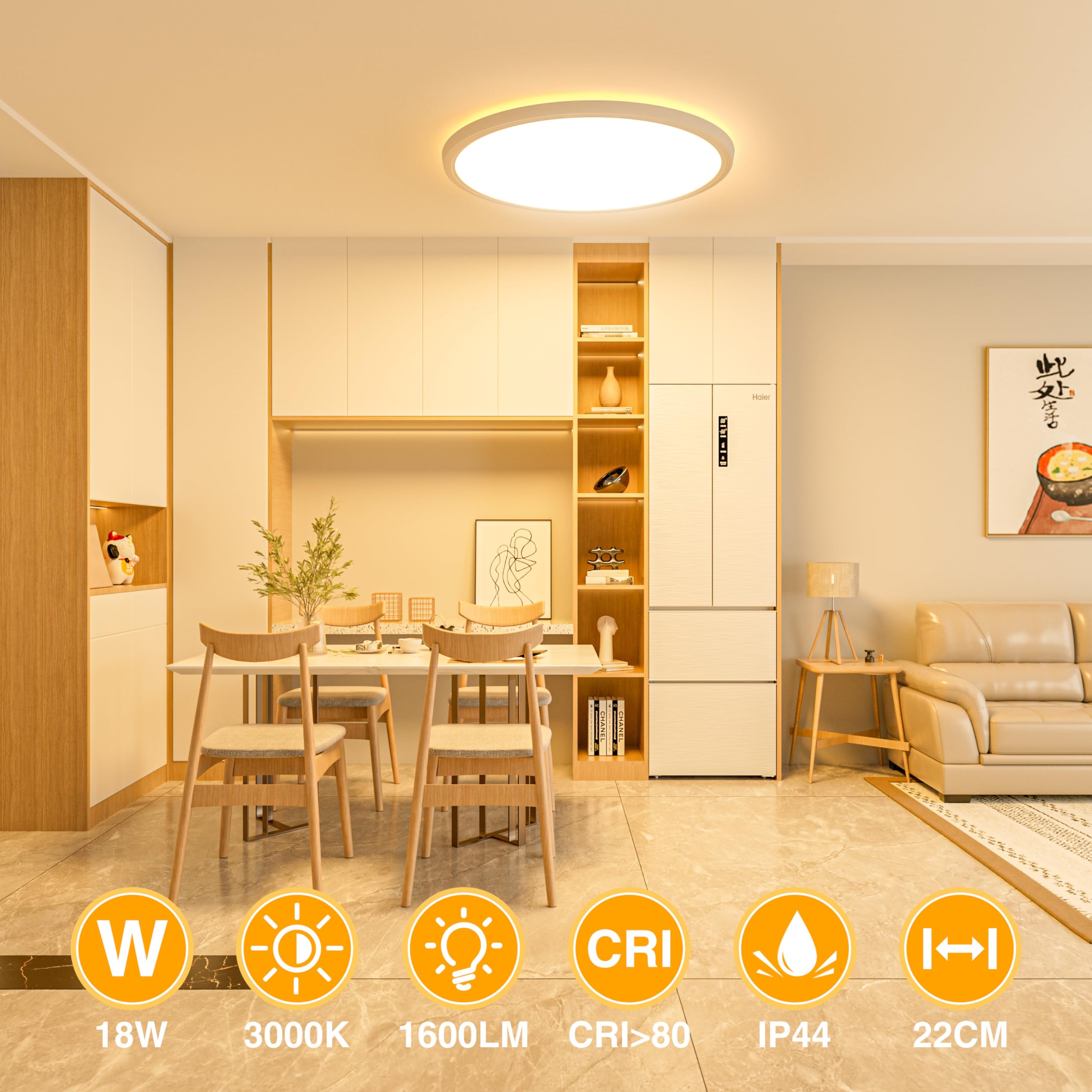 OUILA Plafoniera LED Soffitto 18W, Ø22CM Lampada da Soffitto LED 3000K 1600LM Impermeabile Alta Luminosità Plafoniere Bagno Plafoniere da Ufficio Luce Soffitto per Camera da Letto, Cucina, Balcon