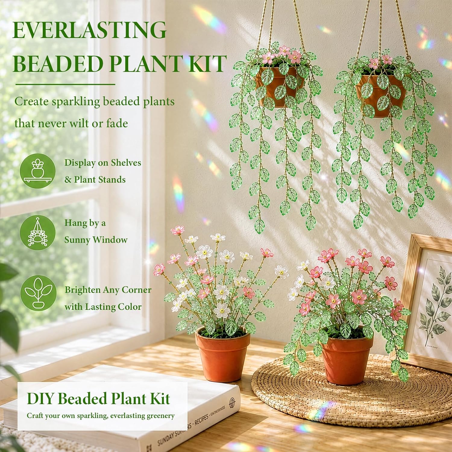 Diltik Beaded Plant Kit，DIY Green Glass Beads Flower Bonsai Craft Kit image 2