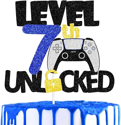 Decoración para pastel de cumpleaños de nivel de 7 cumpleaños para adolescentes, fiesta de cumpleaños nocturna de videojuegos para niños o niñas,