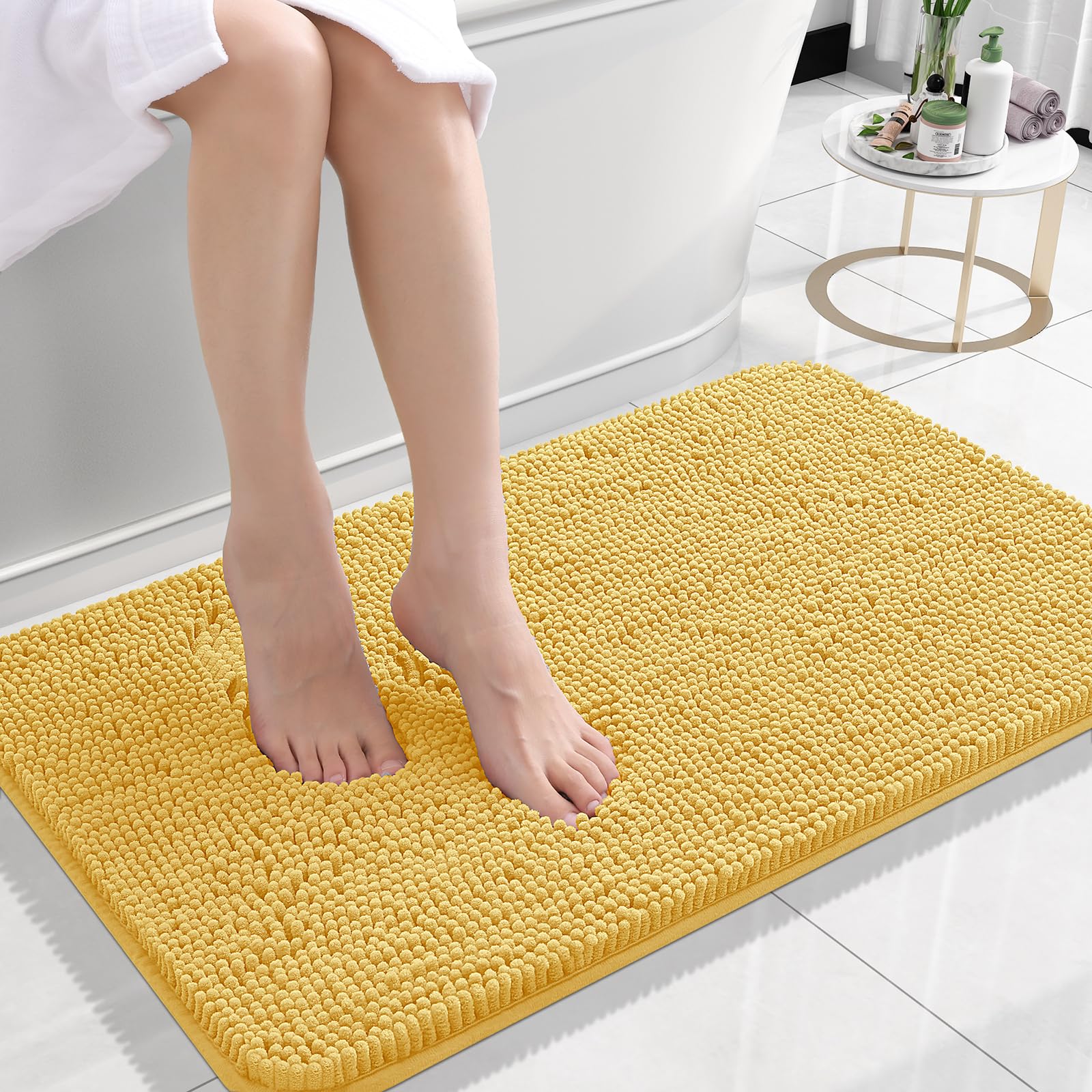 OLANLY Small Bathroom Rugs 24x16, Extra Soft Absorbent Chenille Bath Rugs | Yellow, Quick-Drying Rubber Backing, Machine Washable Bath Mat for Bathroom Floor, Tub and Shower, Home Decor Accessories