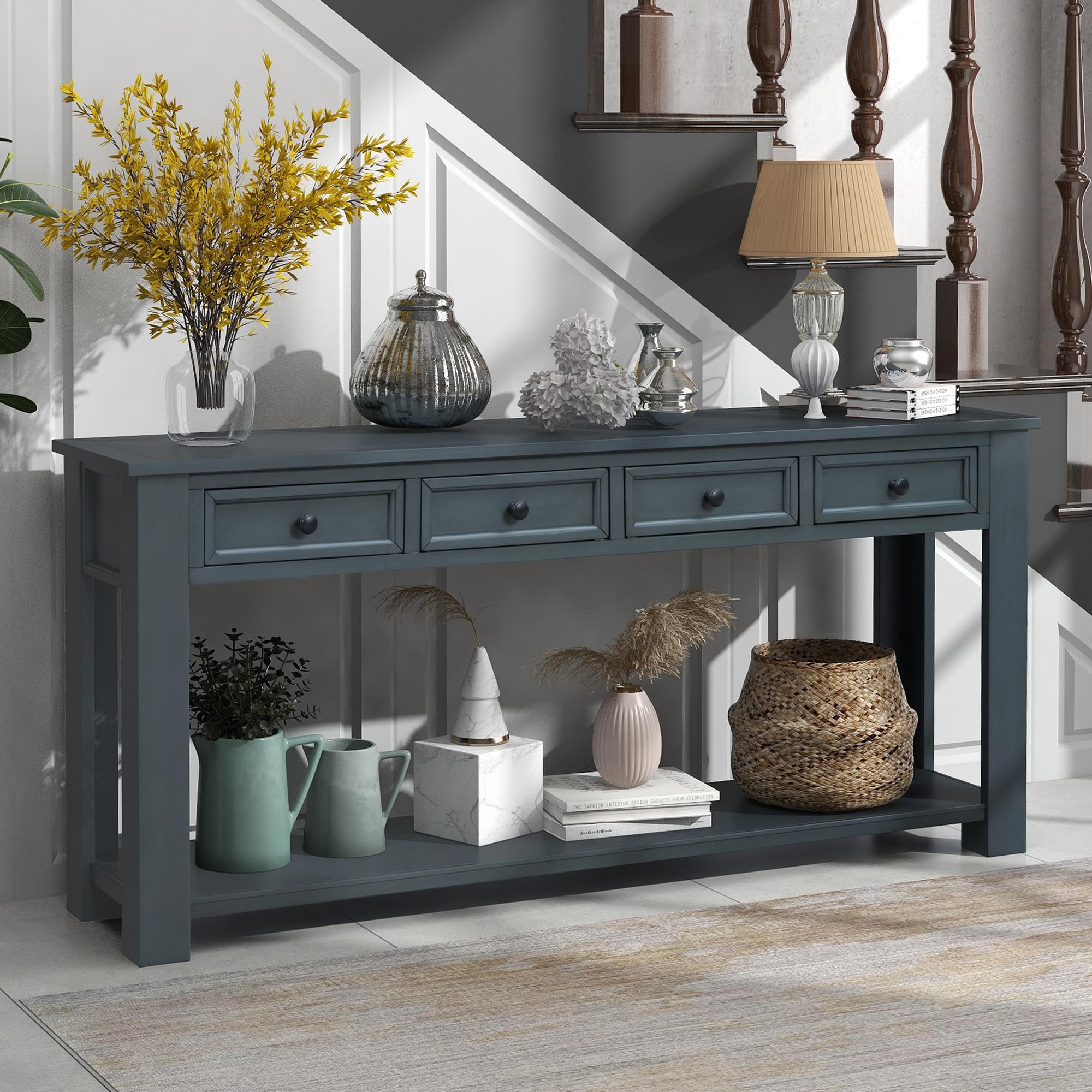 P PURLOVE Console Table for Entryway Hallway Sofa Table with Storage Drawers and Bottom Shelf (Navy)