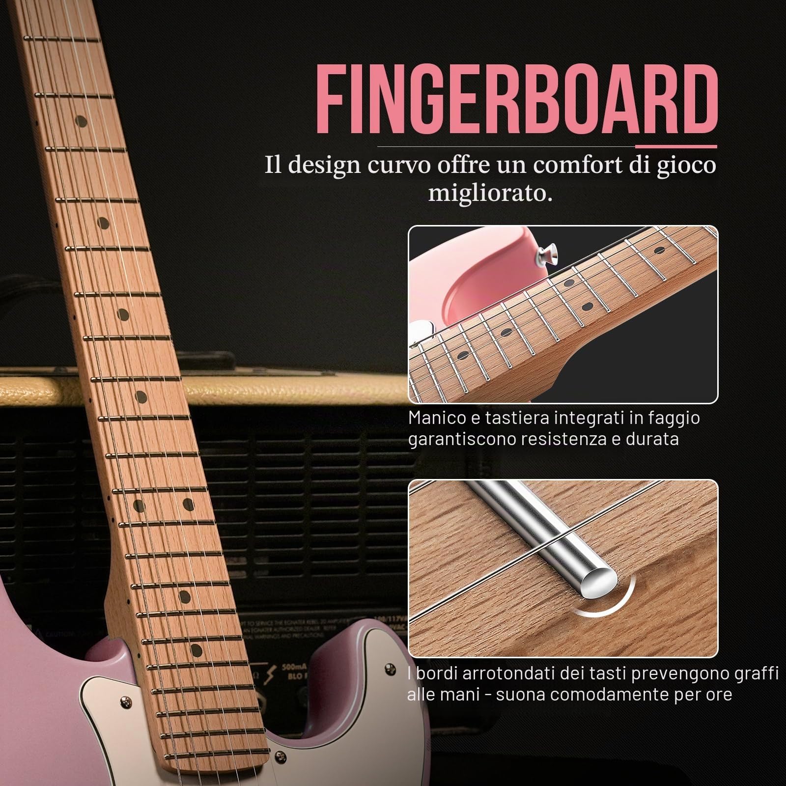 SONICAKE Chitarra Elettrica 30" per Principianti, Corpo in Legno Massello con Pickup Humbucker, Manico e Tastiera in Legno di Un Pezzo QGT-50 (Rosa)