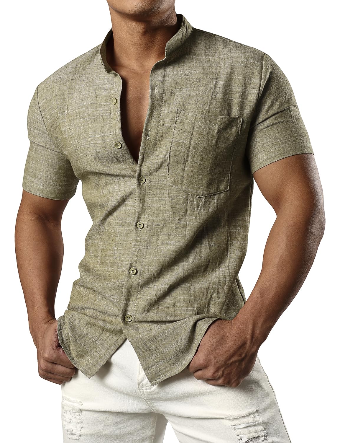 JOGAL Camisa de lino de manga corta para hombre, corte regular, camisa de verano con botones, camisa informal