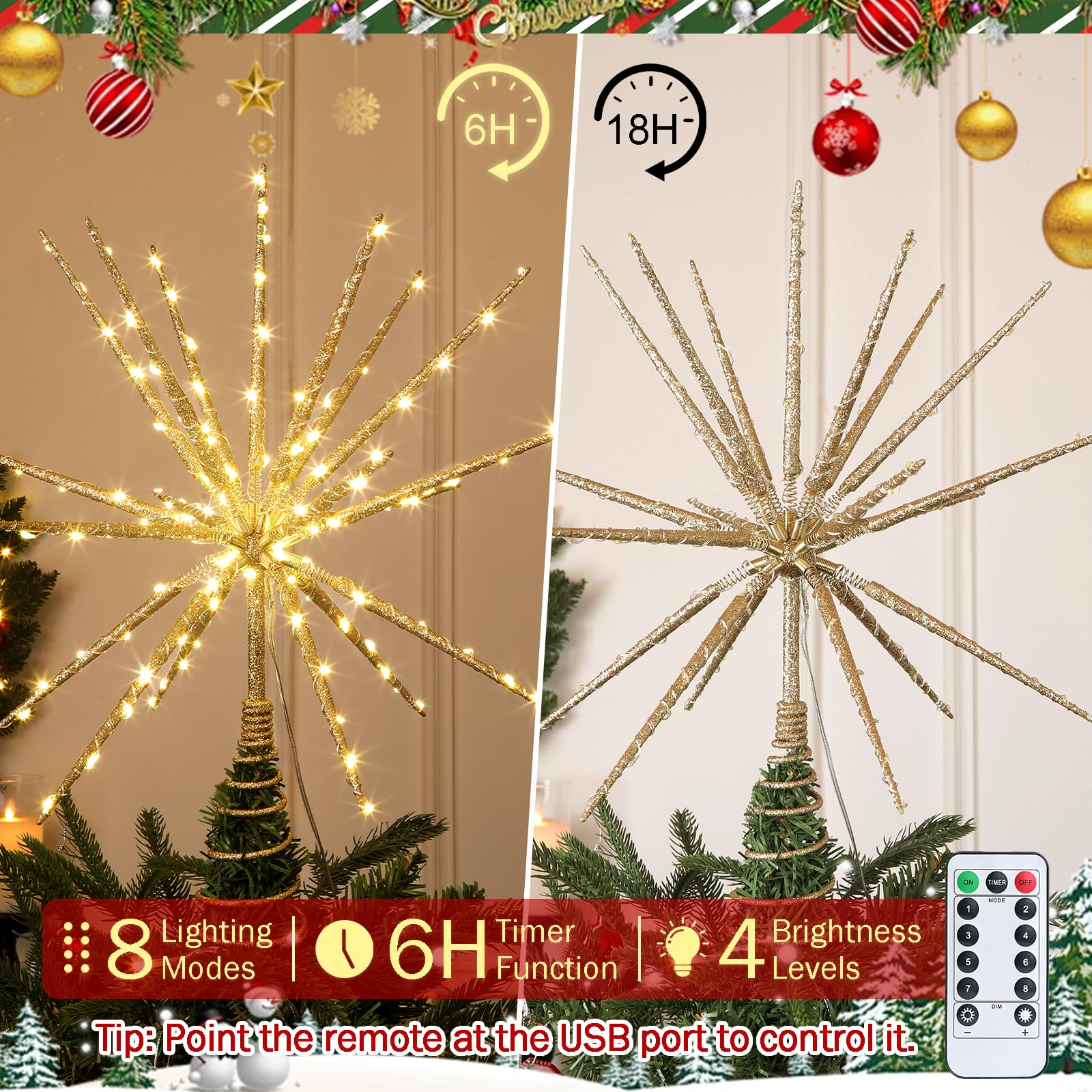 HMASYO Étoile scintillante de 38,1 cm, étoile dorée à 19 branches avec 150 LED, télécommande et minuterie, alimentation USB pour intérieur, maison, vacances, fête, décoration de sapin de Noël