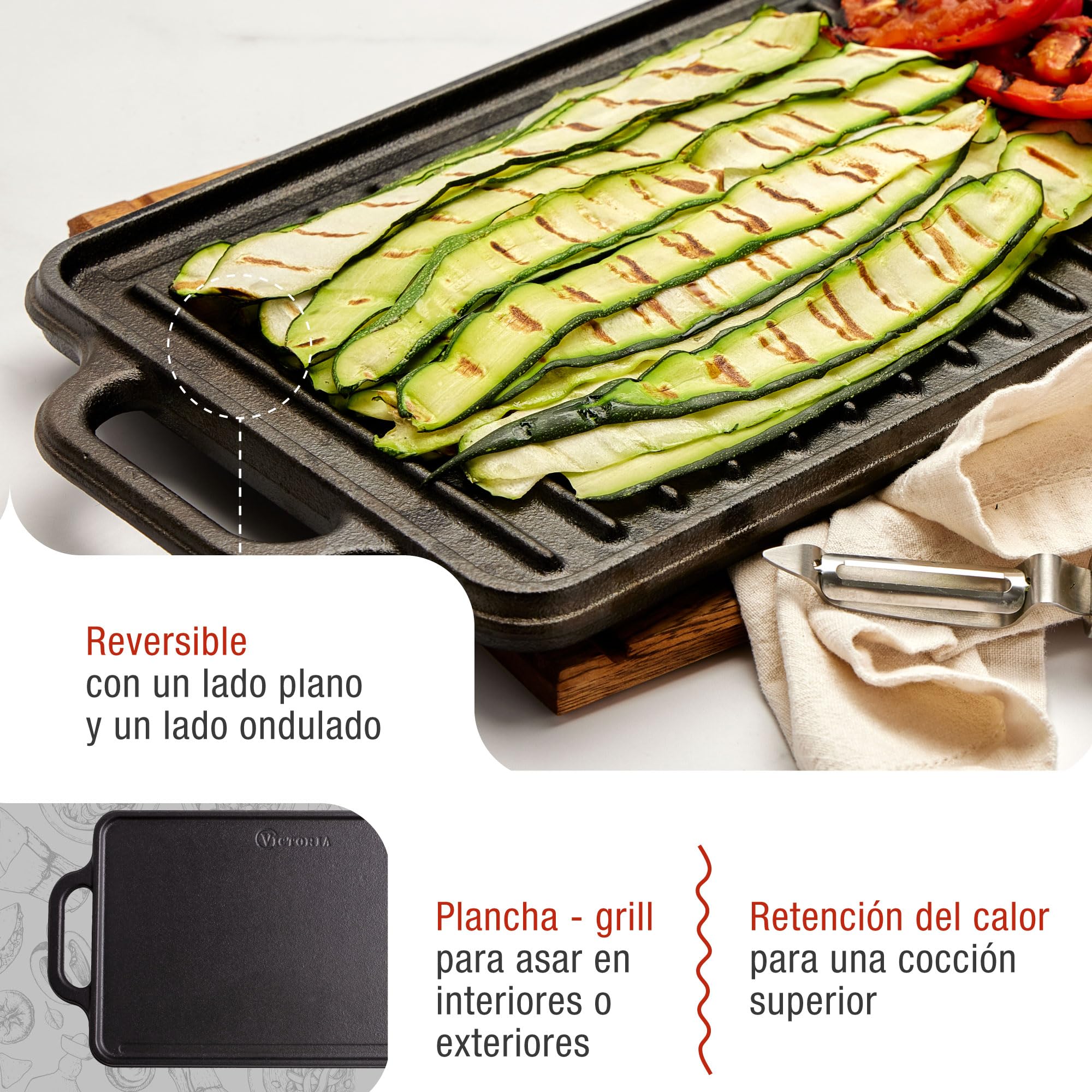 VICTORIA Plancha Cocina Hierro Fundido Esmaltado Parrilla Doble Reversible 33 X 21cm para Fuego, Barbacoa, Horno, Vitrocerámica, Gas, Libre de Tóxicos sin PTFE