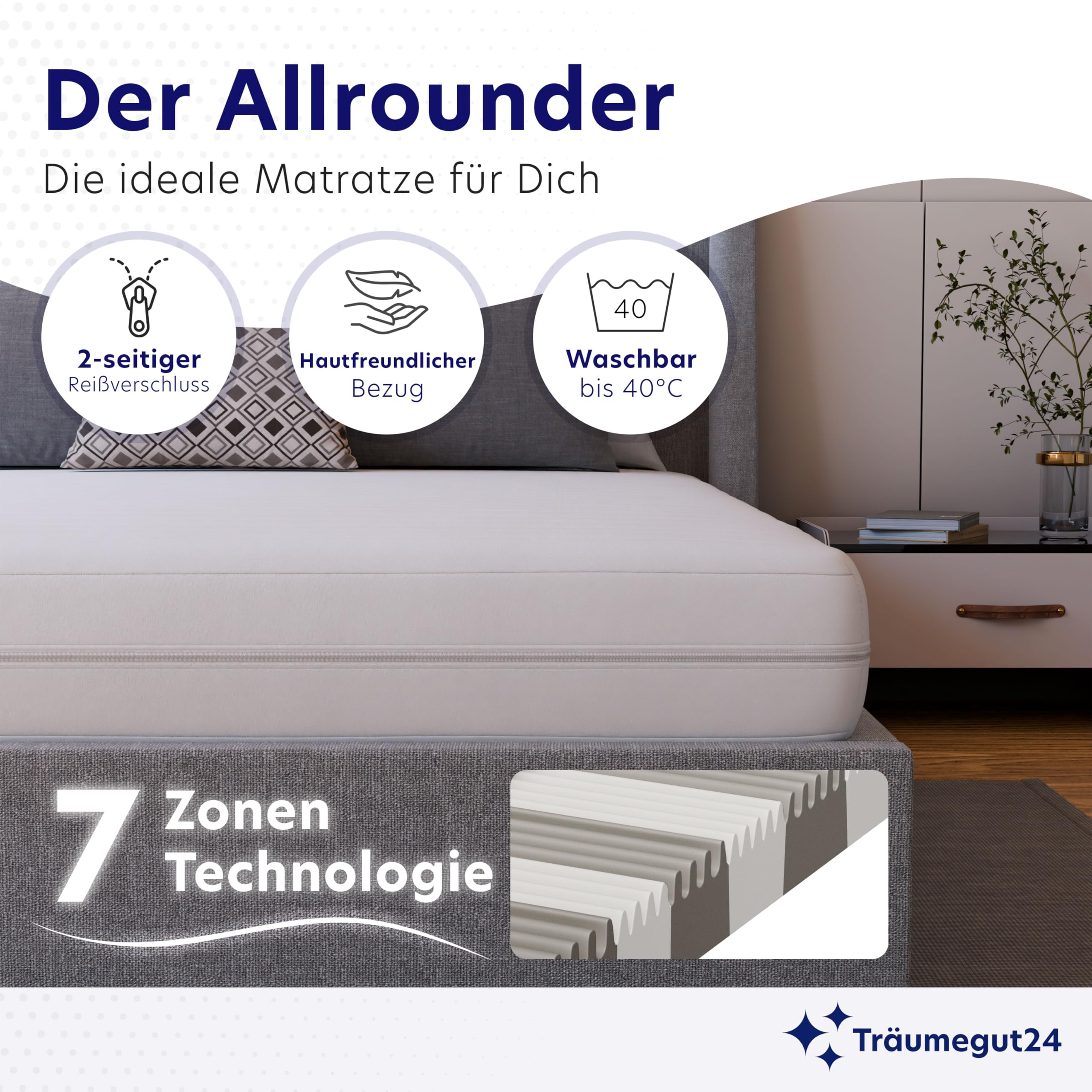 Träumegut24 - ergonomische 7-Zonen Matratze 90x200 cm | Größe + Höhe wählbar | Härtegrad H2&H3 | Kaltschaummatratze | Hautfreundlicher Bezug | Oeko-TEX® | (90 x 200 cm, 11 cm)