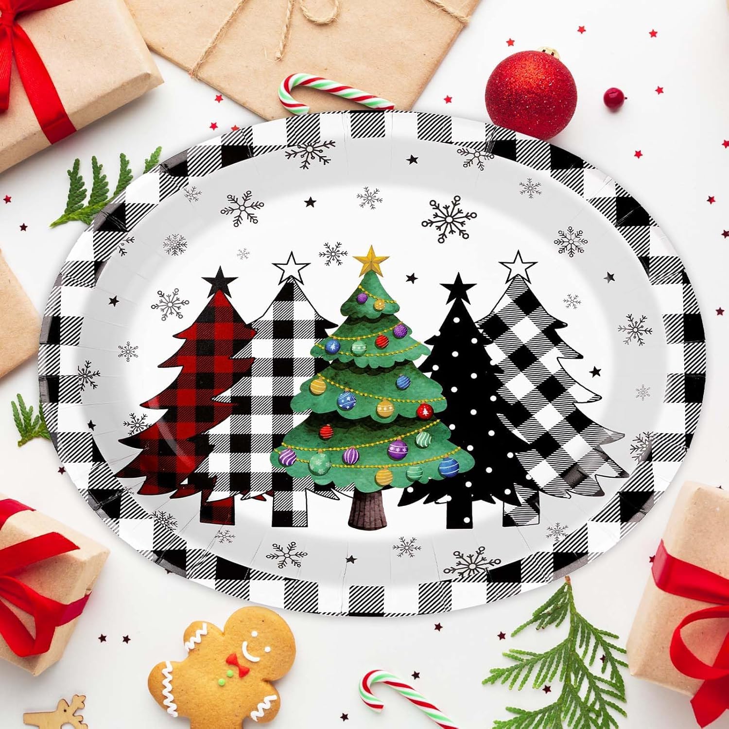 100Pcs Christmas Oval Paper Plates 10" x 12" Heavy Duty Christmas Trees Black Buffalo Plaid Disposable Dessert Plates Xmas Tree Snowflake Platters for Xmas Winter Holiday Birthday Party Decorations