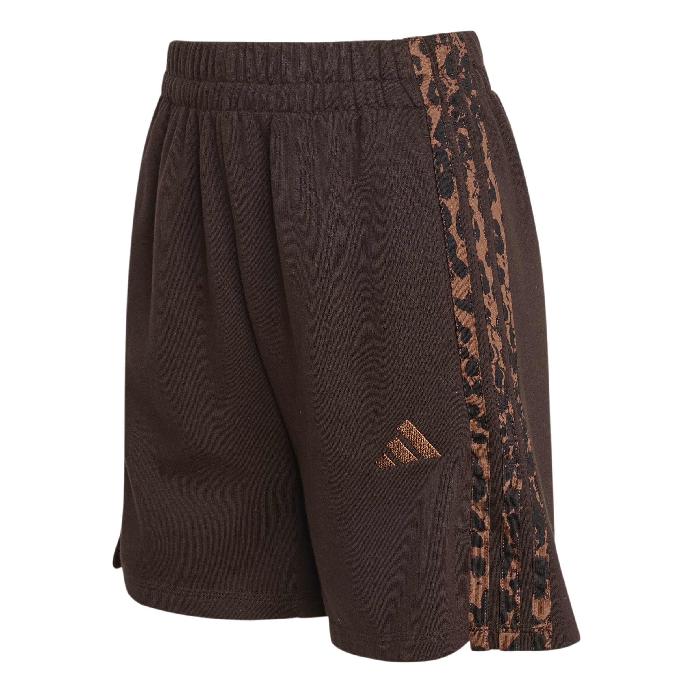 adidas Women's Seasonal Essentials 3-Stripes Animal Print Shorts, Aurora Coffee/Multicolor/preloved Brown, S