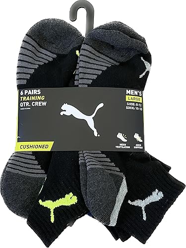 Miniatura 2 de PUMA 6 pares de calcetines de hombre de cuarto de tripulación zapatos 8-12 calcetines 10-13, GrisNegro