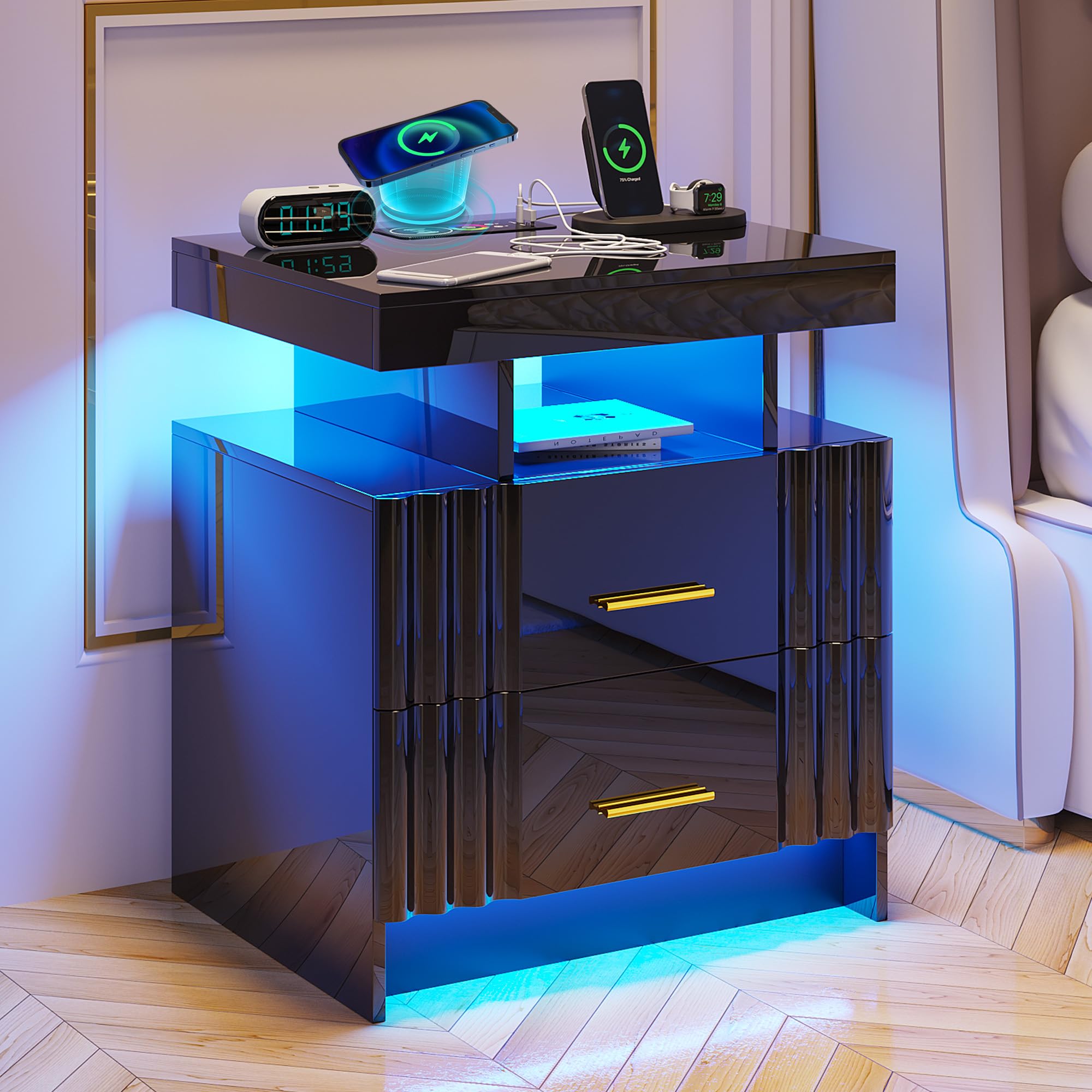 SKKTKTNightstand with Charging Station, Black LED Night Stand with 2 Drawers, High Gloss Bedside Table with Auto Sensor 24-Color Lights/Wireless/Type-C/USB Charging for Bedroom