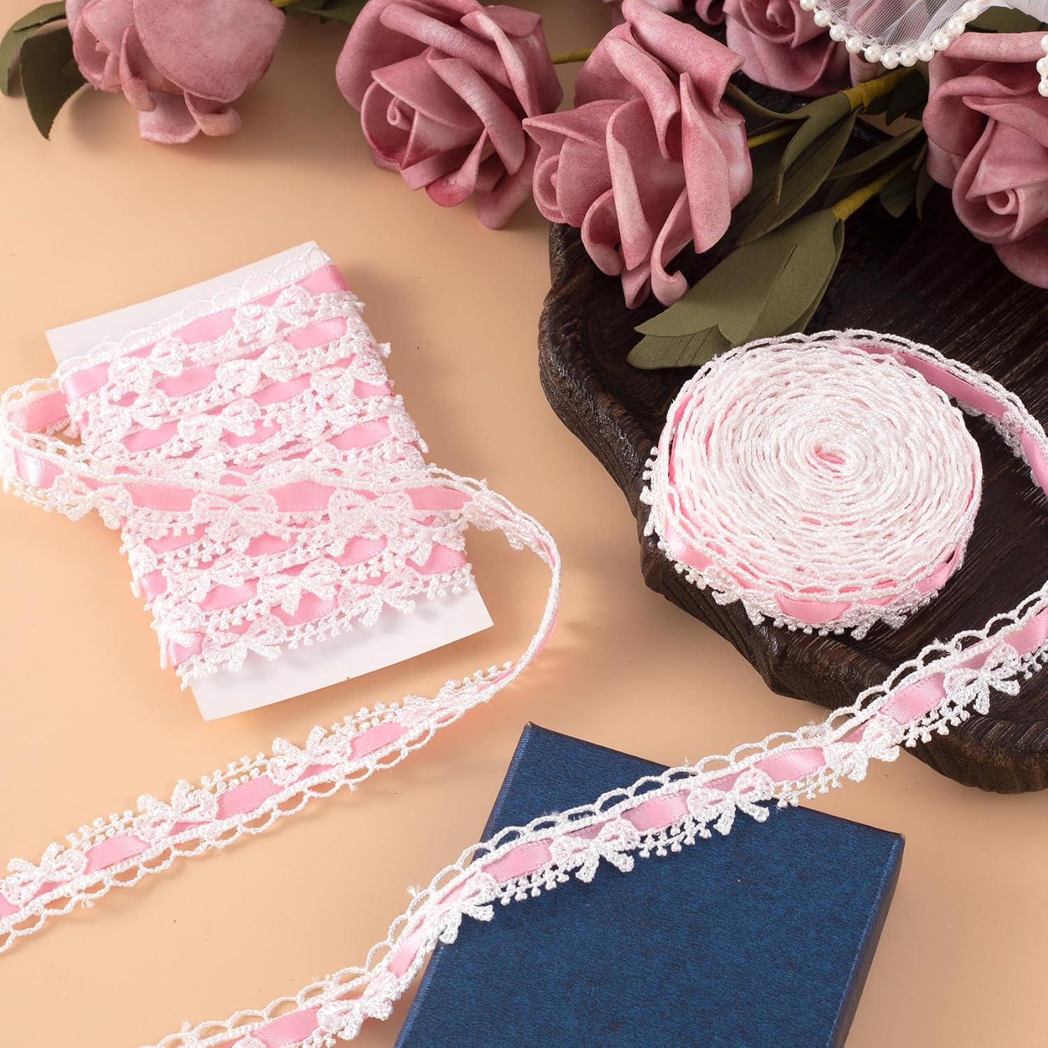 2 Yards Pink Lace Trim Ribbon, Vintage Lace Ribbon Roll for Bridal, Bow Trim Sewing Accessories for Bouquet Packaging Wrapping Wedding Decorations DIY Crafts