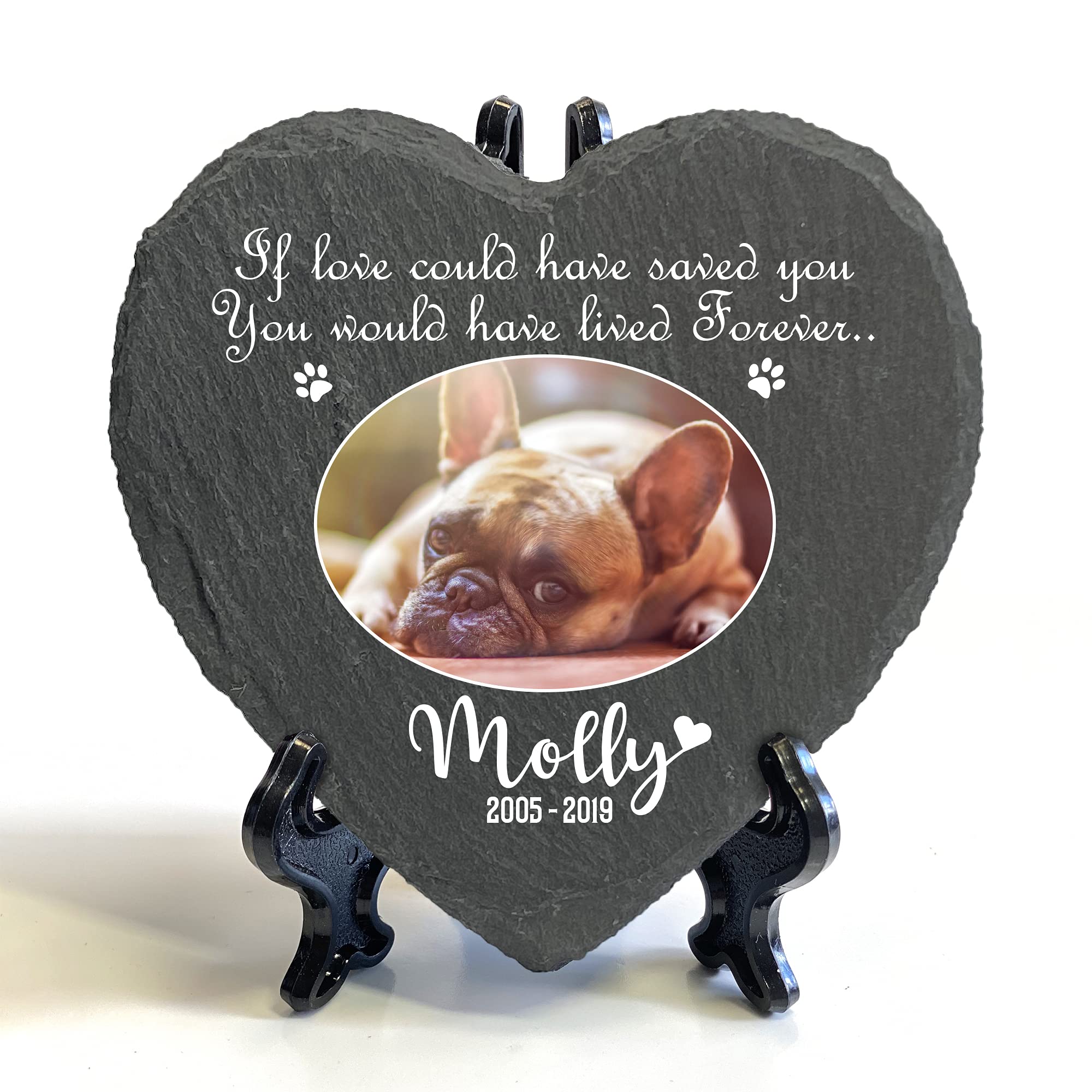 TULLUN Personalised Memorial Heart Shape Plaque + Black Stand For Pet Cat Dog Slate Stone Rock Frame Paw Grave Marker - Oval Photo - Size | 4" x 4" or 10 x 10 cm |