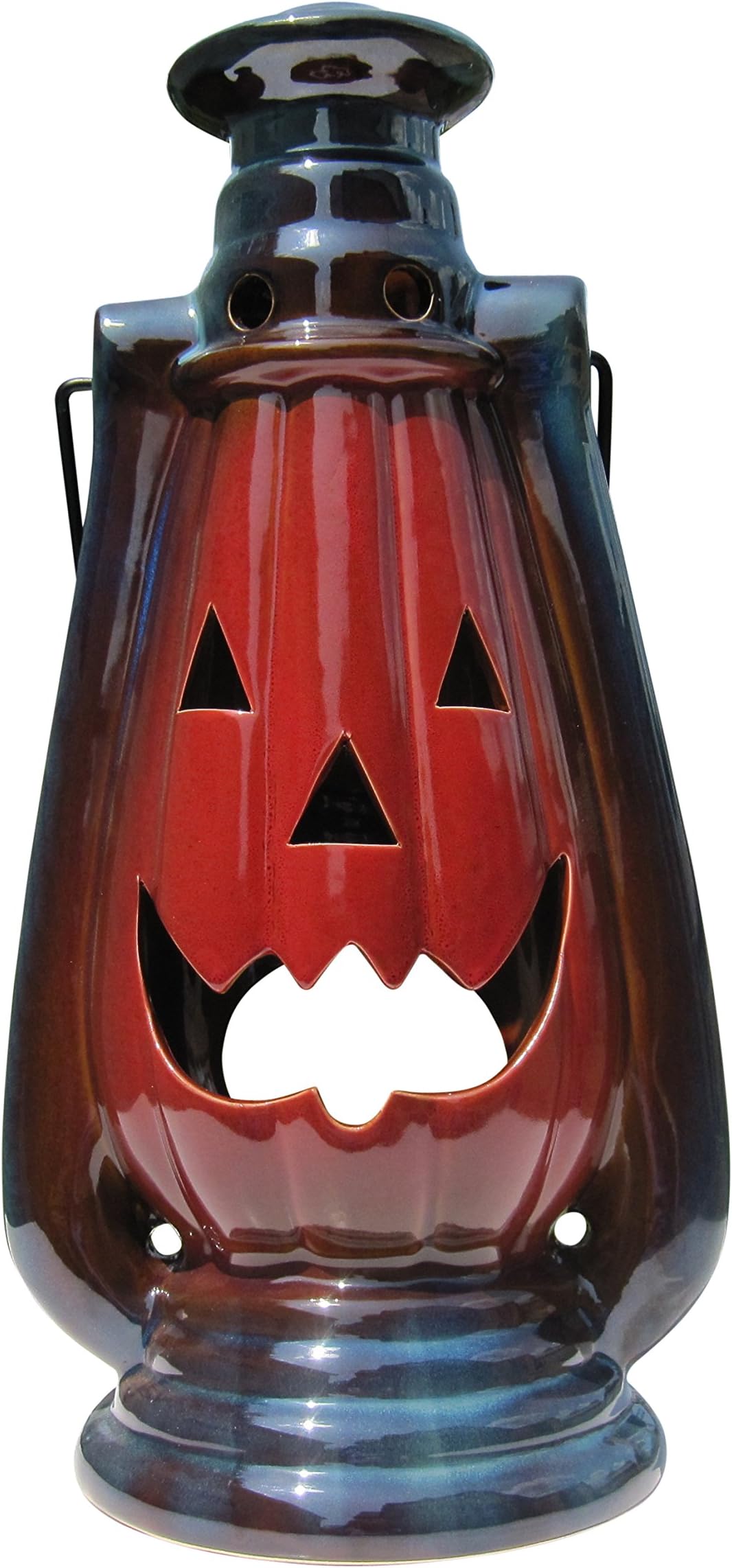 Clovers Garden Halloween Pumpkin Lantern with Handle, Glazed Stoneware - Decorative Table or Hanging Lantern for Candle or LED Light – Indoor, Outdoor