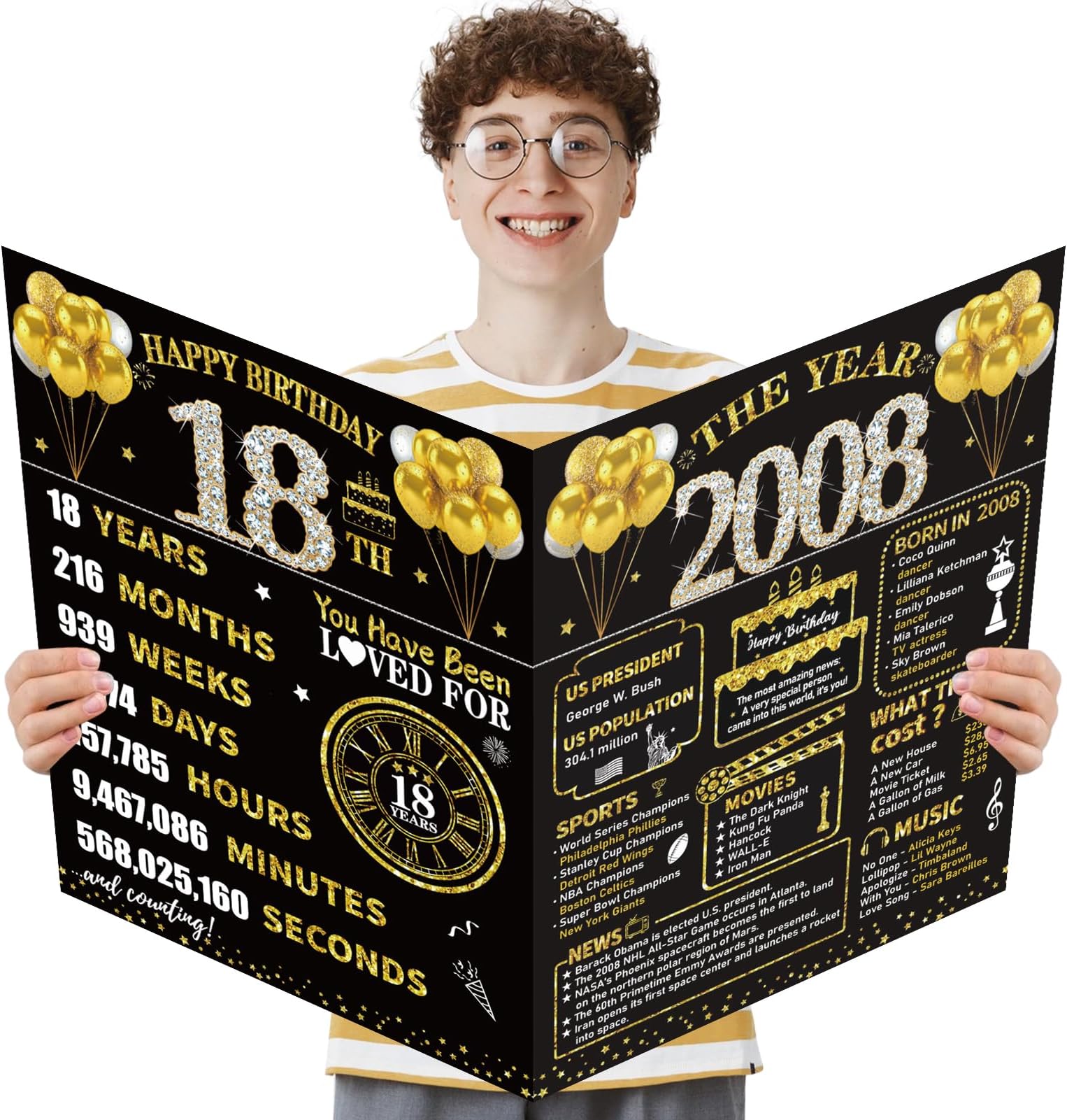 Large 18th Birthday Card With Envelope, Black Gold Happy 18th Birthday Giant Guest Book Gifts for Men Women, Giant Eighteen Bday Card Gifts Party Supplies, The Year 2008 Jumbo 18 Bday Card