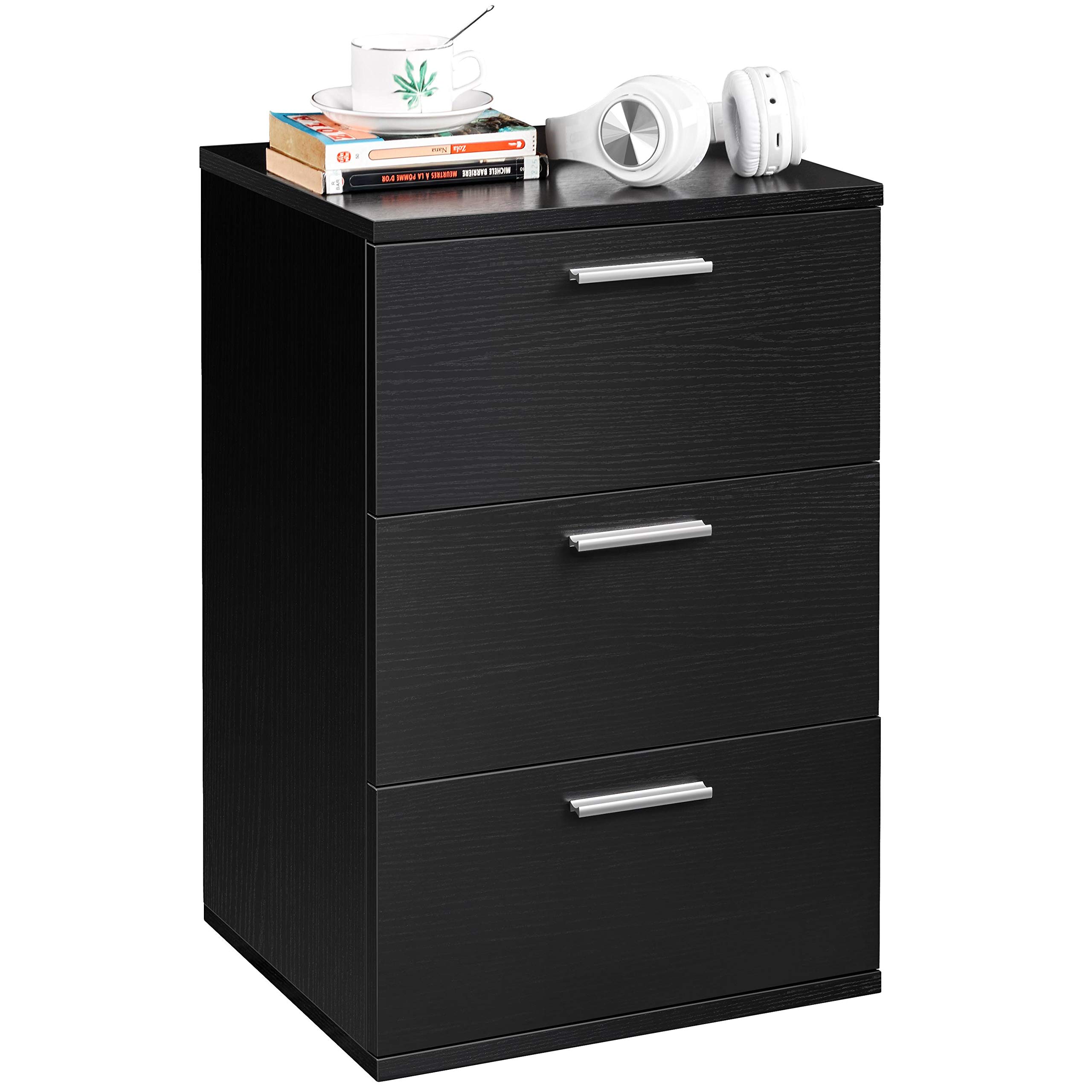Yaheetech Mesita de Noche Negro con Tres Cajones para Dormitorio | Mesilla Auxiliar Moderna para Salón Café Cama Sofá Minimalista Mesa de Noche 40x35x60 cm